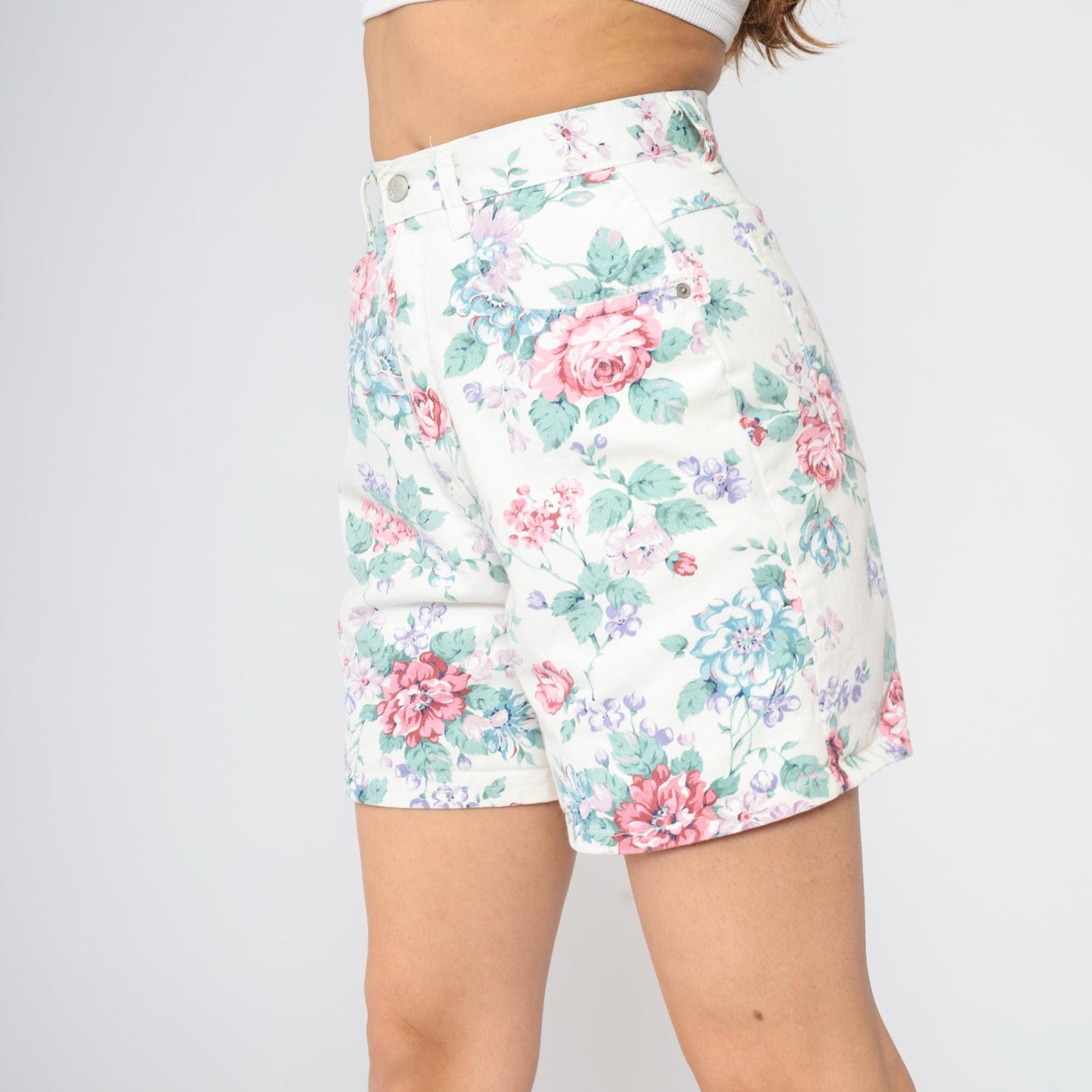 90s Floral Denim Shorts White High Waist Pink Purple Rose Print Small