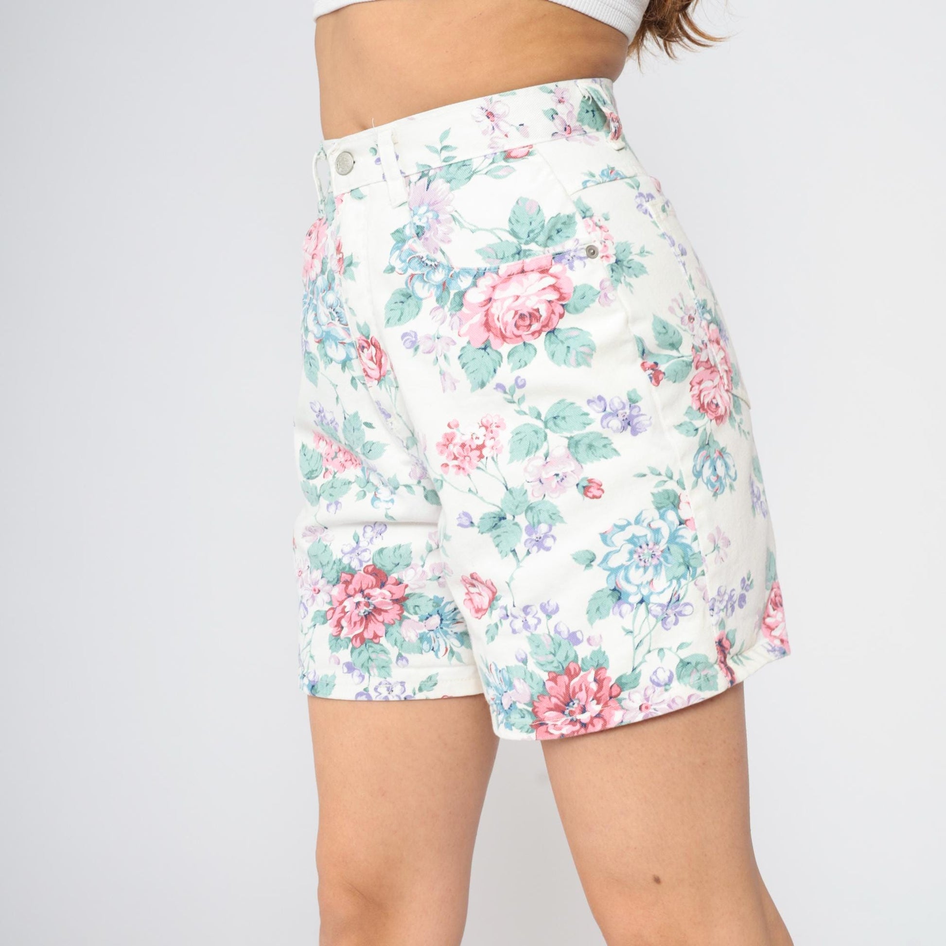 90s Floral Denim Shorts White High Waist Pink Purple Rose Print Small
