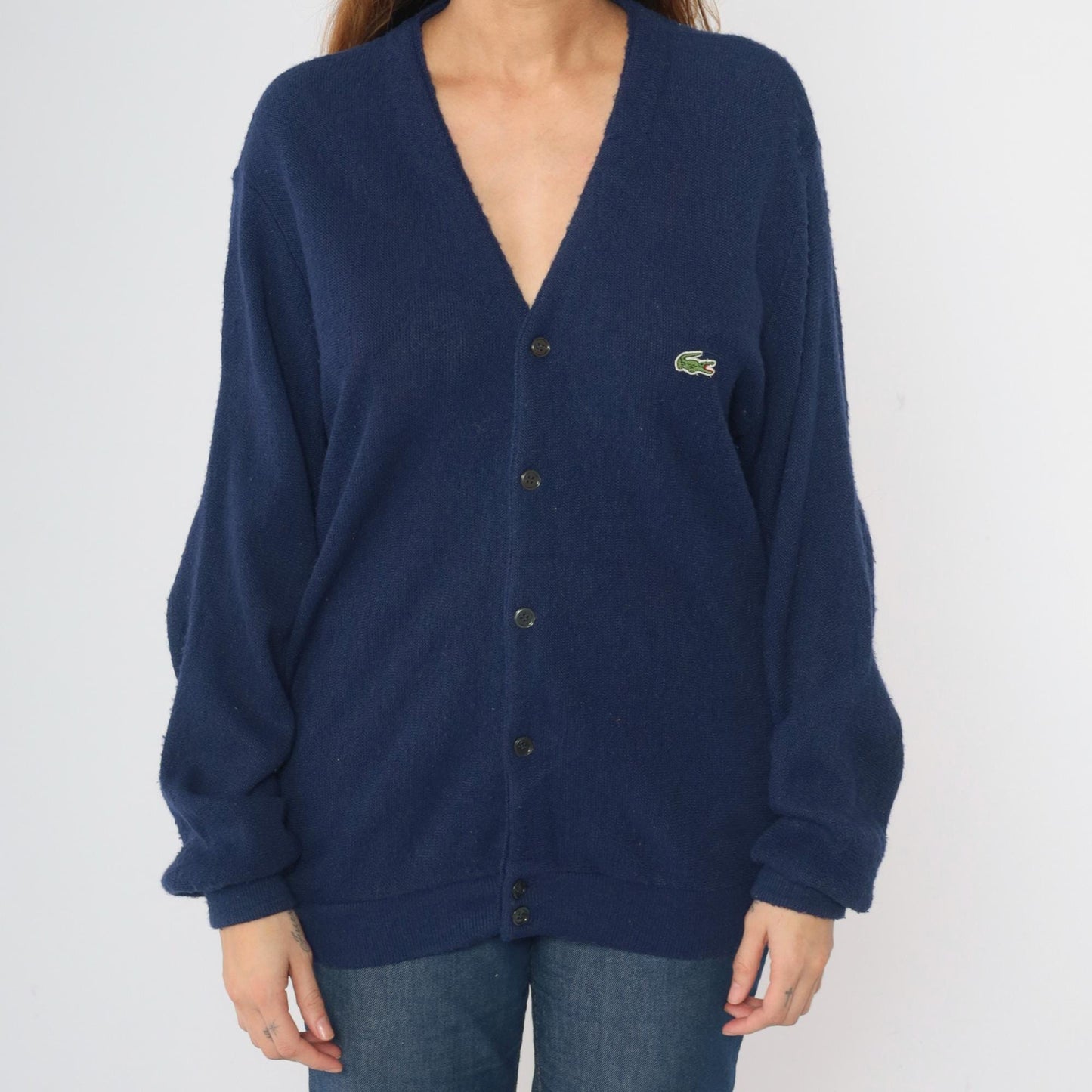 80s Izod Lacoste Navy Cardigan Sweater Crocodile Knit Medium M