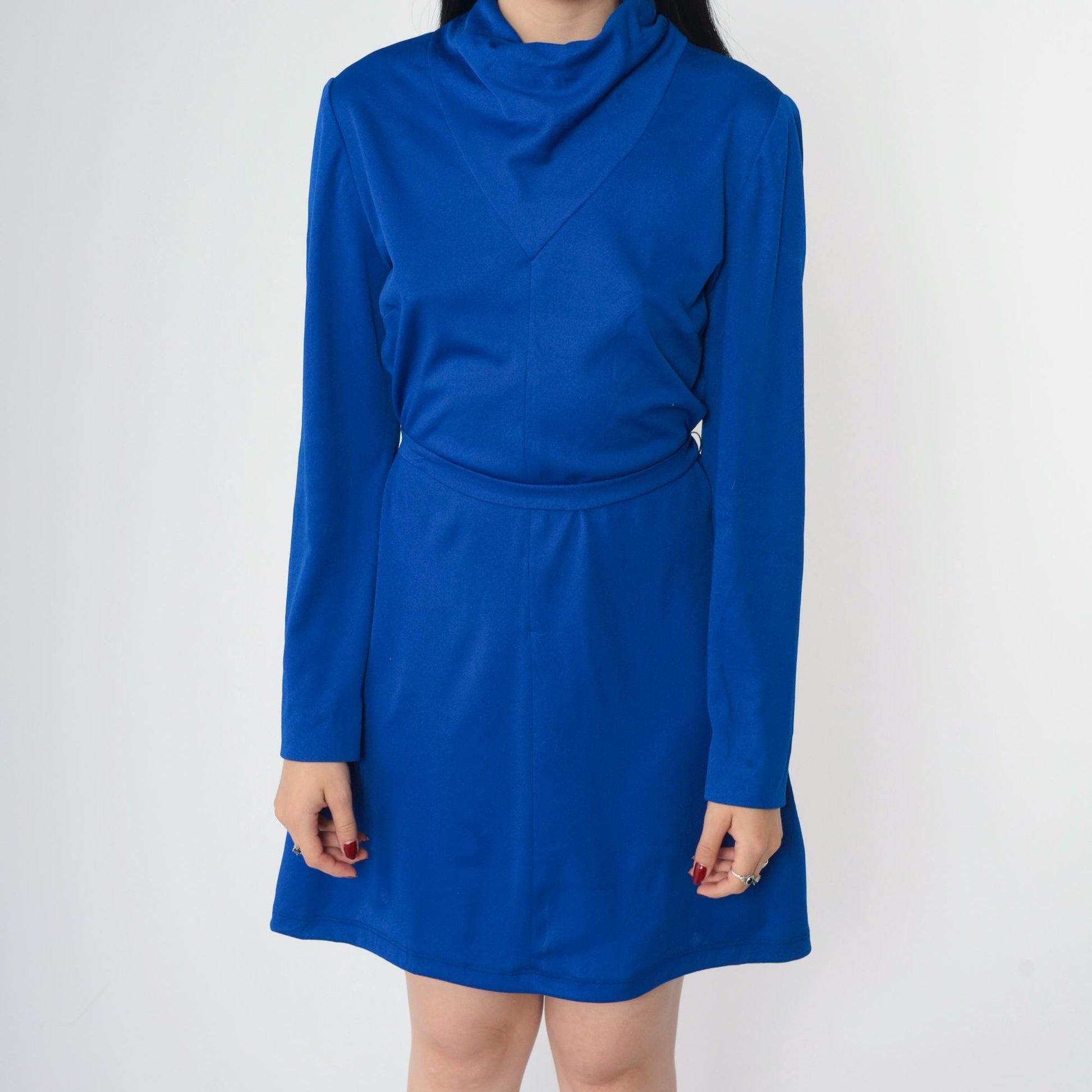 70s L'Aiglon Royal Blue Mini Shift Dress Cowl Neck Long Sleeve Medium M