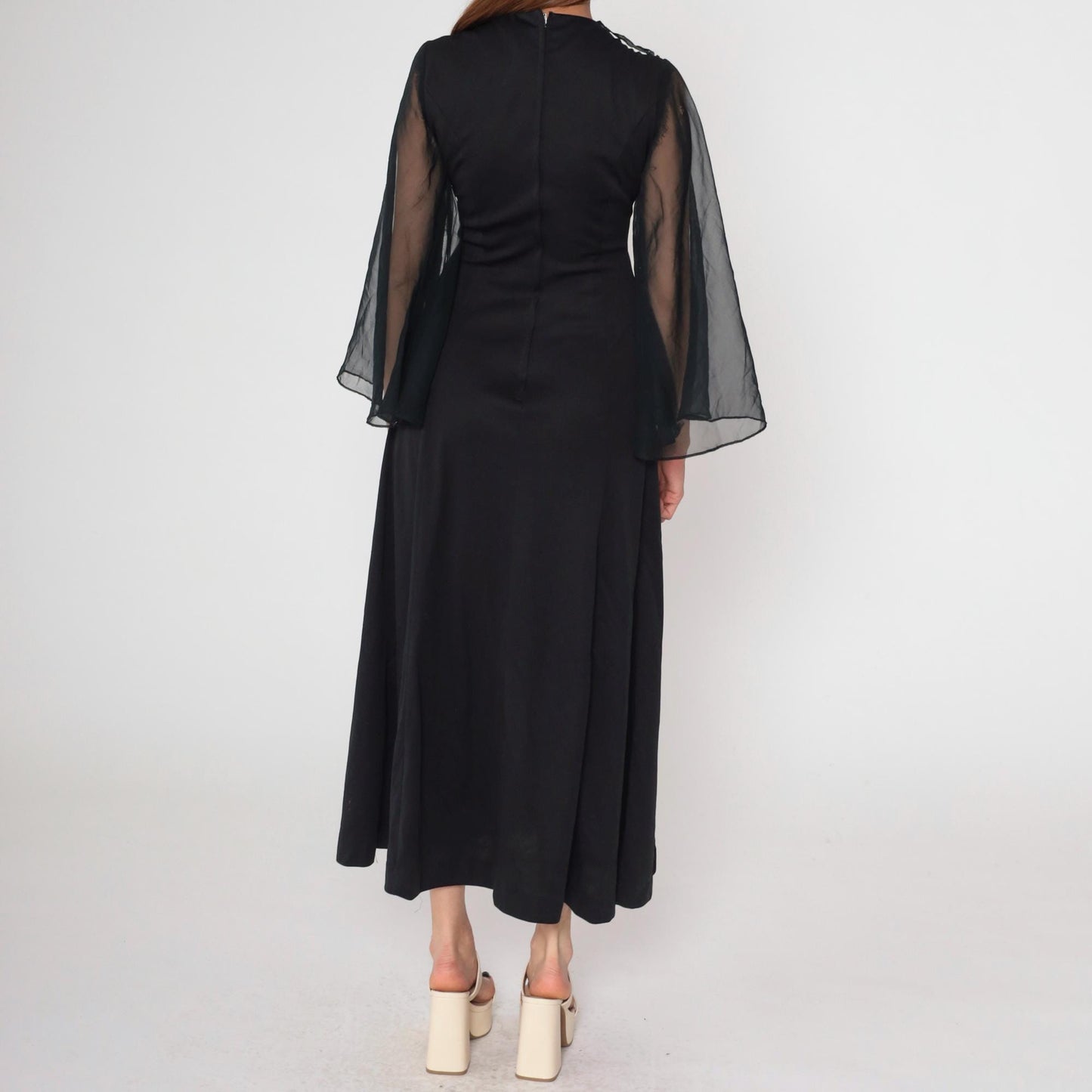 70s Black Chiffon Angel Sleeve Maxi Dress Silver Trim Empire Waist Medium