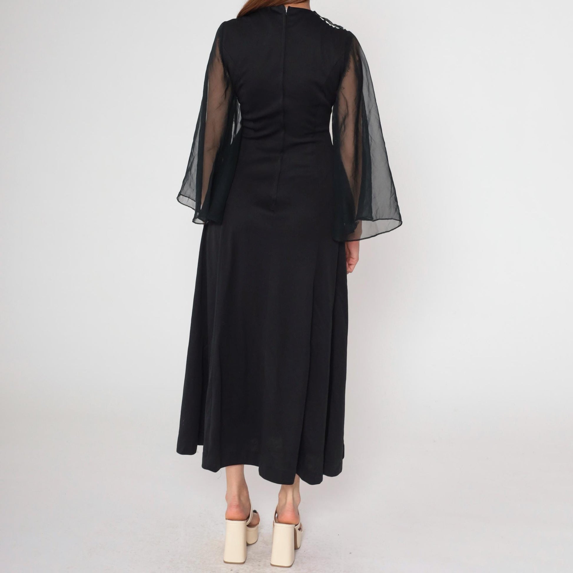 70s Black Chiffon Angel Sleeve Maxi Dress Silver Trim Empire Waist Medium
