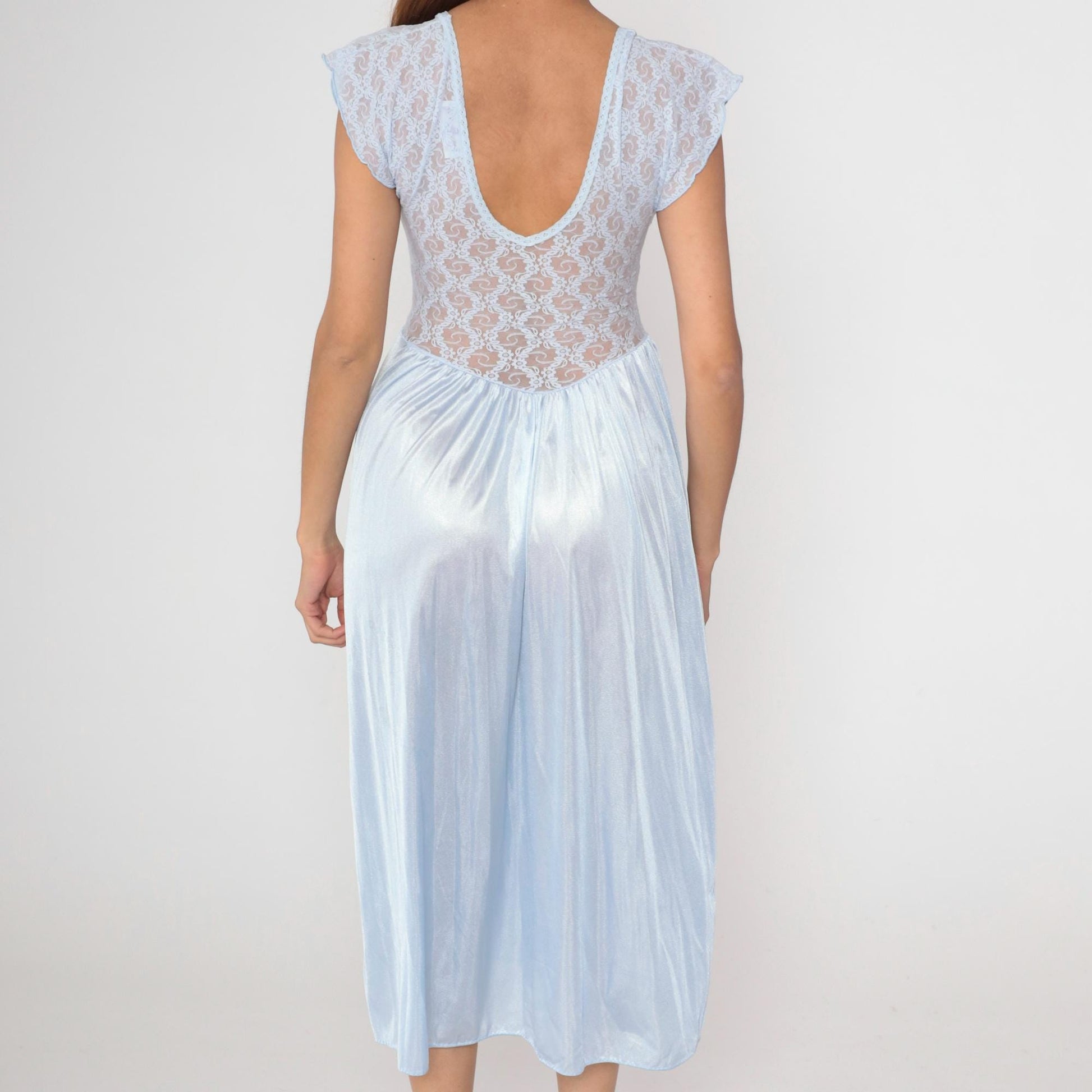 80s Baby Blue Lace Nightgown Empire Waist Lace-Up Neckline Cap Sleeve Midi Small S