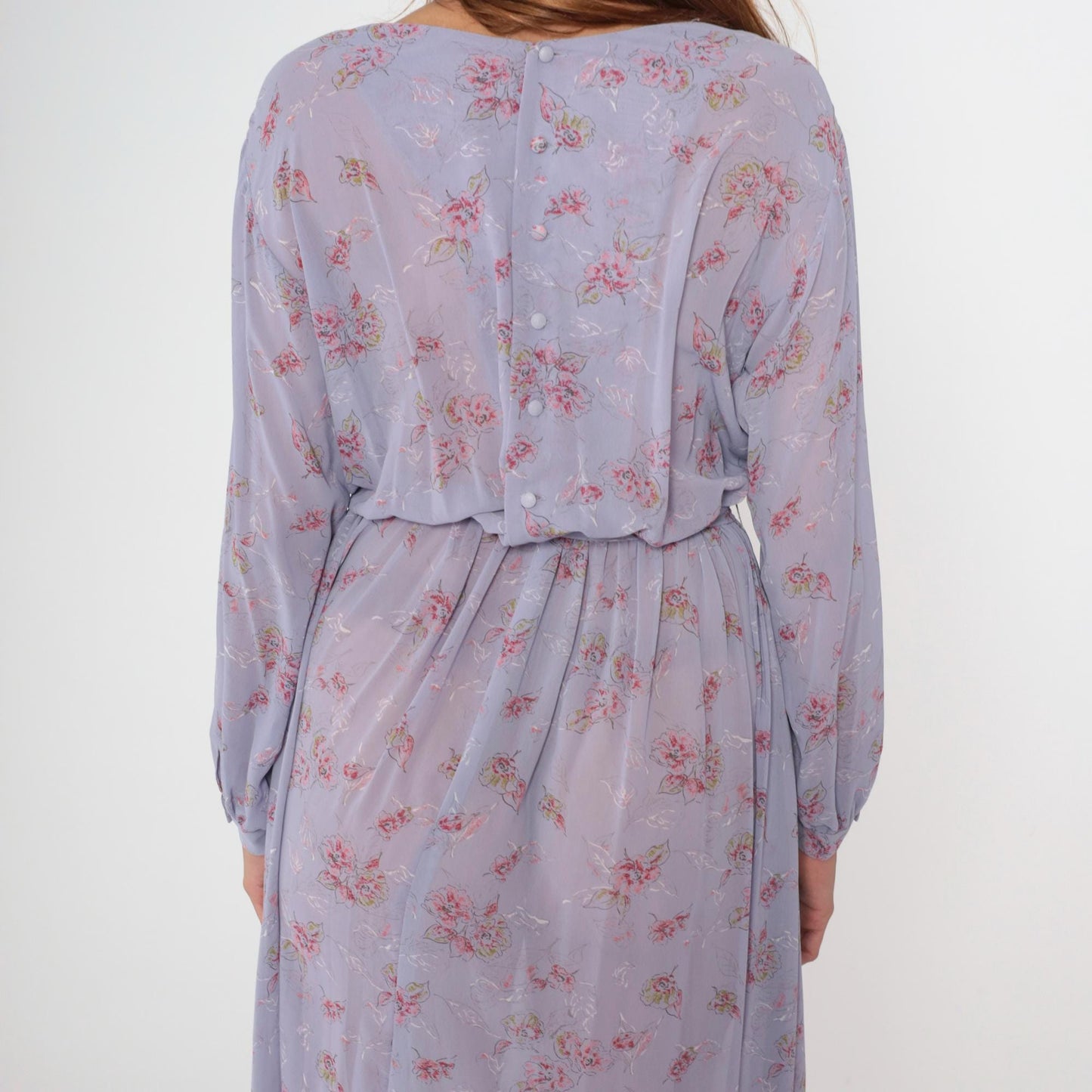 80s Lavender Floral Midi Dress High Waist Long Sleeve V-Neck Small Medium