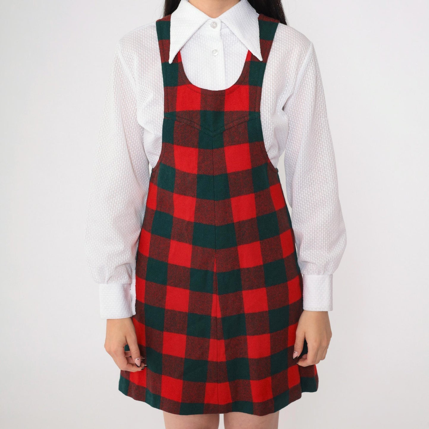 70s Plaid Jumper Dress Red Green Checkered Mini Sleeveless Extra Small