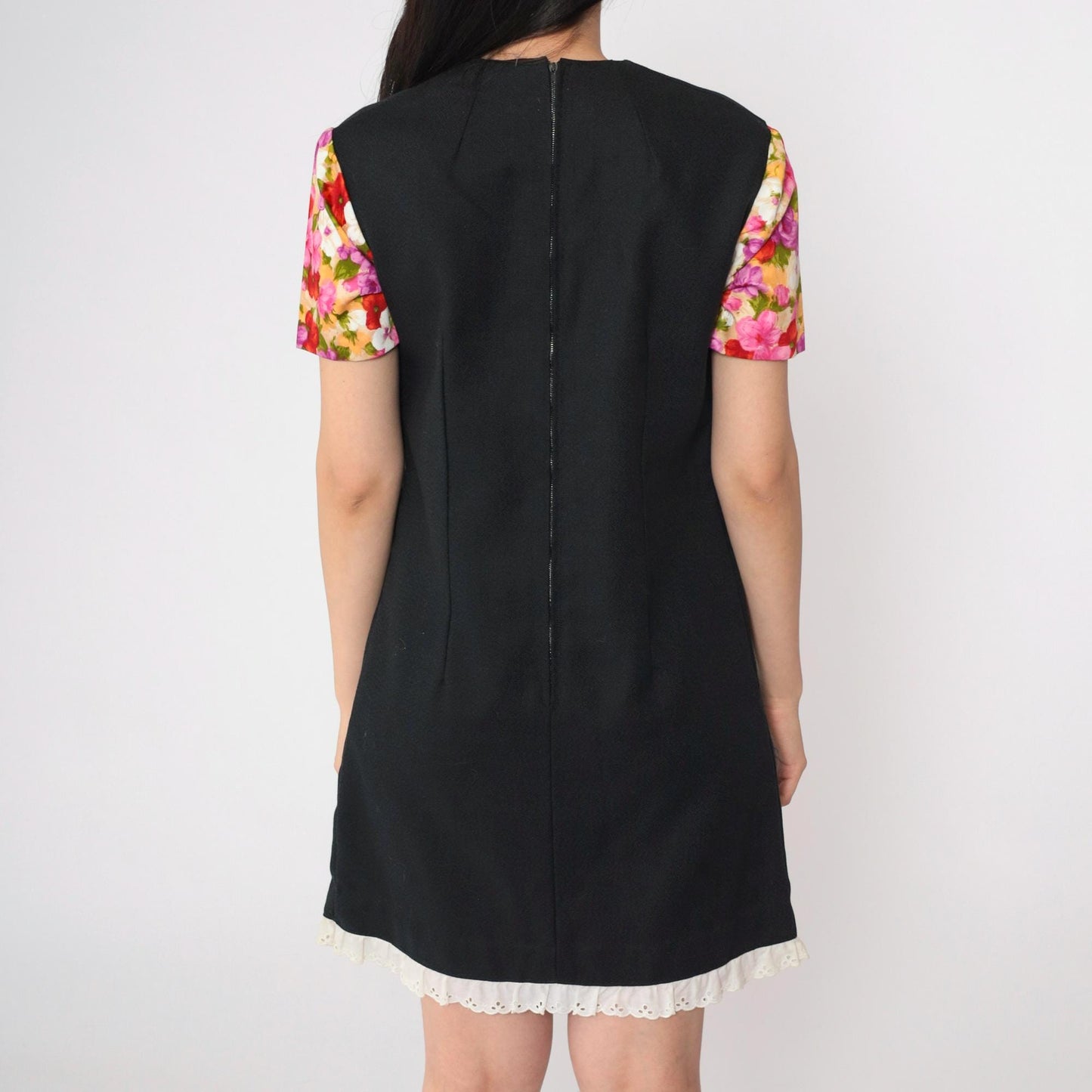 1960s Black Floral Puff Sleeve Mini Dress Eyelet Lace Shift Small S