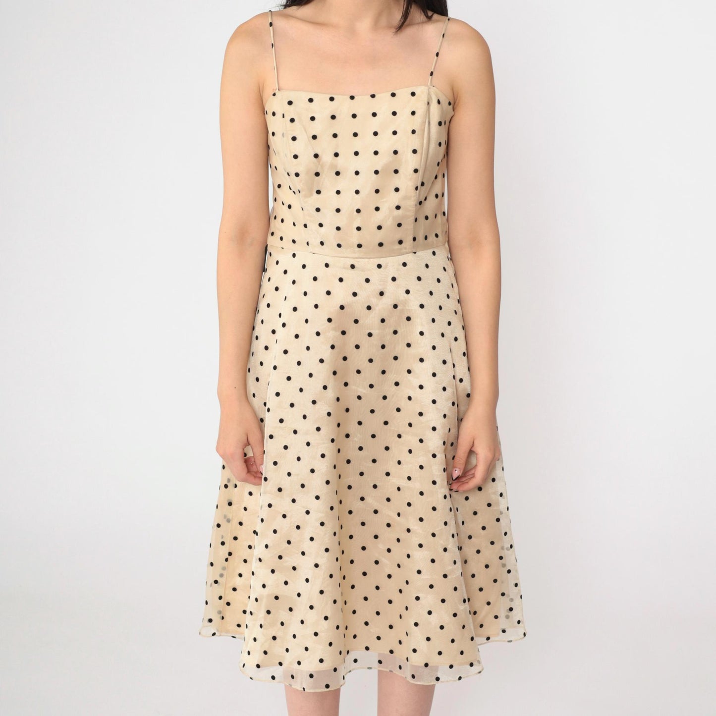 90s Betsy & Adam Beige Organza Midi Dress Black Polka Dot Spaghetti Strap Small 4