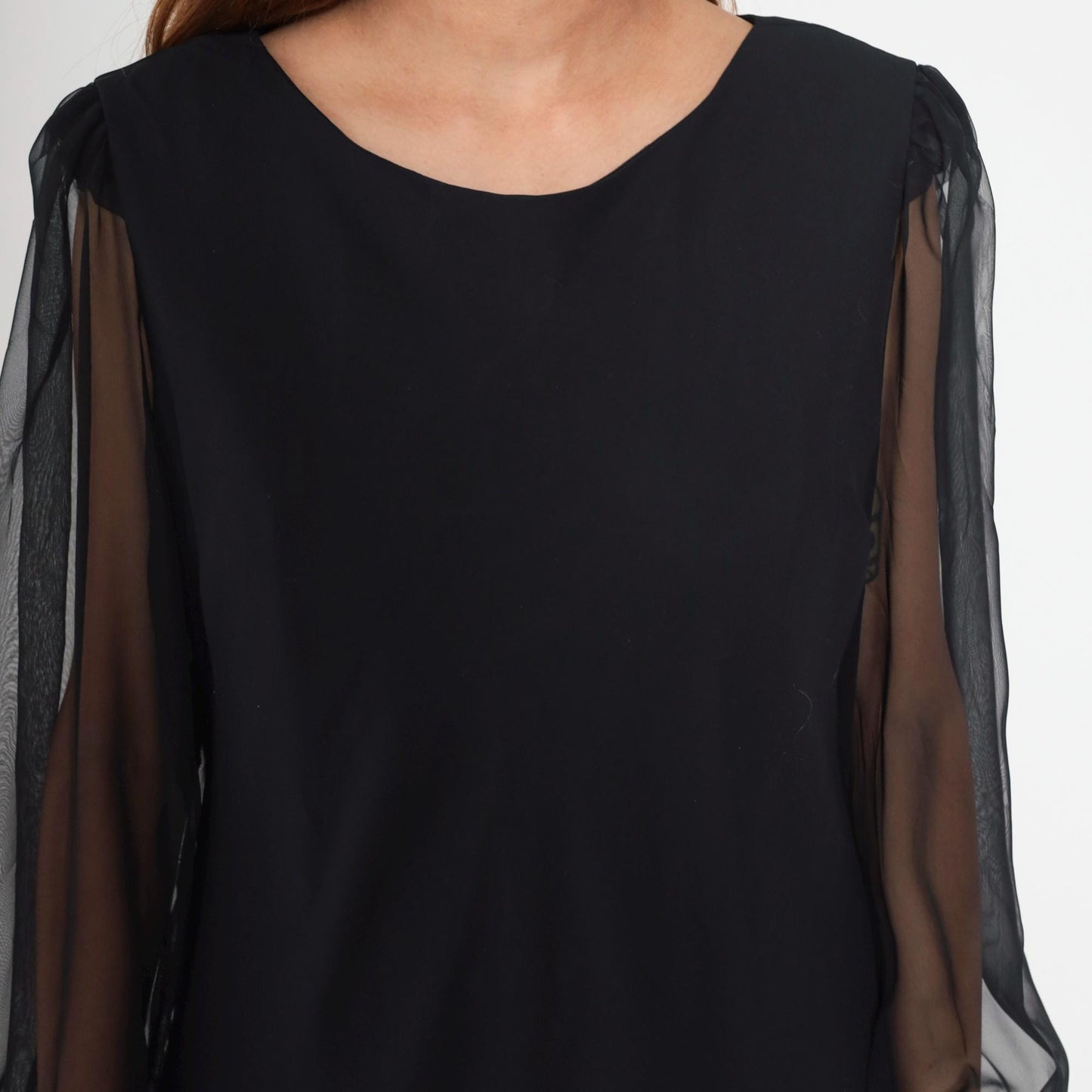 90s Black Chiffon Mini Dress Bishop Sleeve Shift Layered Ruffle Hem Large