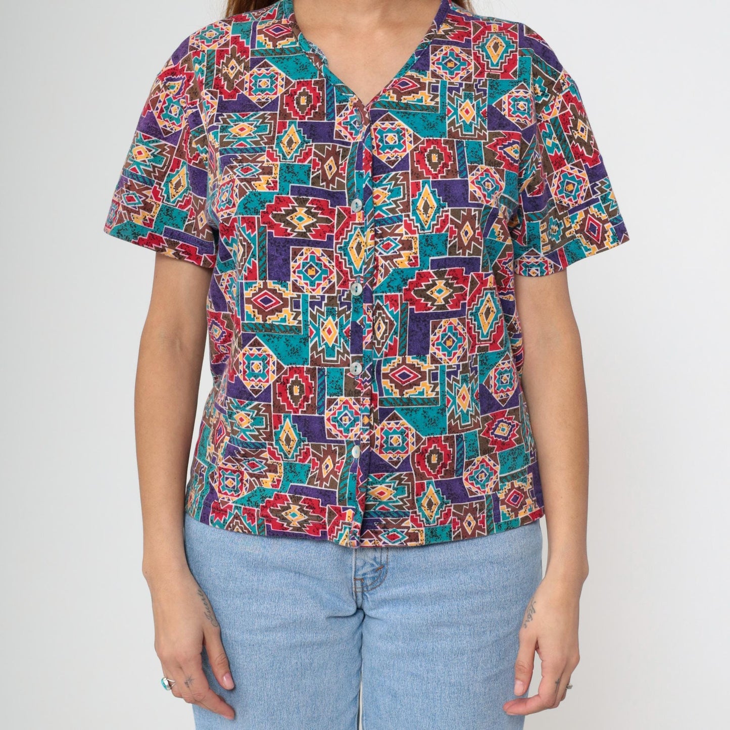 90s Southwestern Geometric Button-Up Blouse Cotton Short Sleeve Medium M