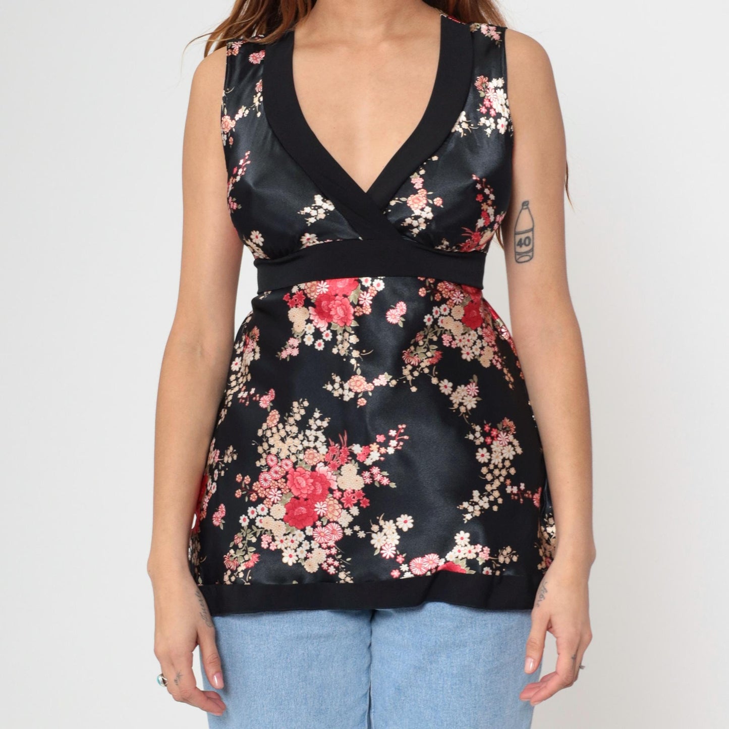 Y2K Black Satin Floral Tank Top Deep V Neck Empire Waist 00s Medium
