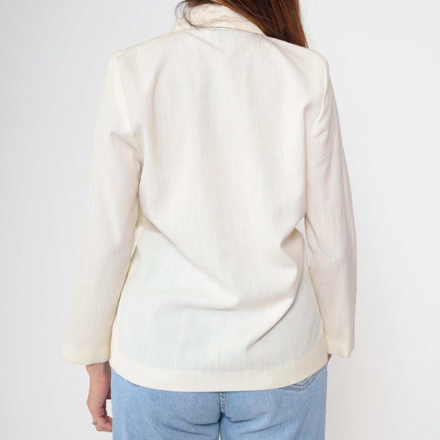 80s White Single Button Blazer Deep V Neck Structured Jacket Petite XS