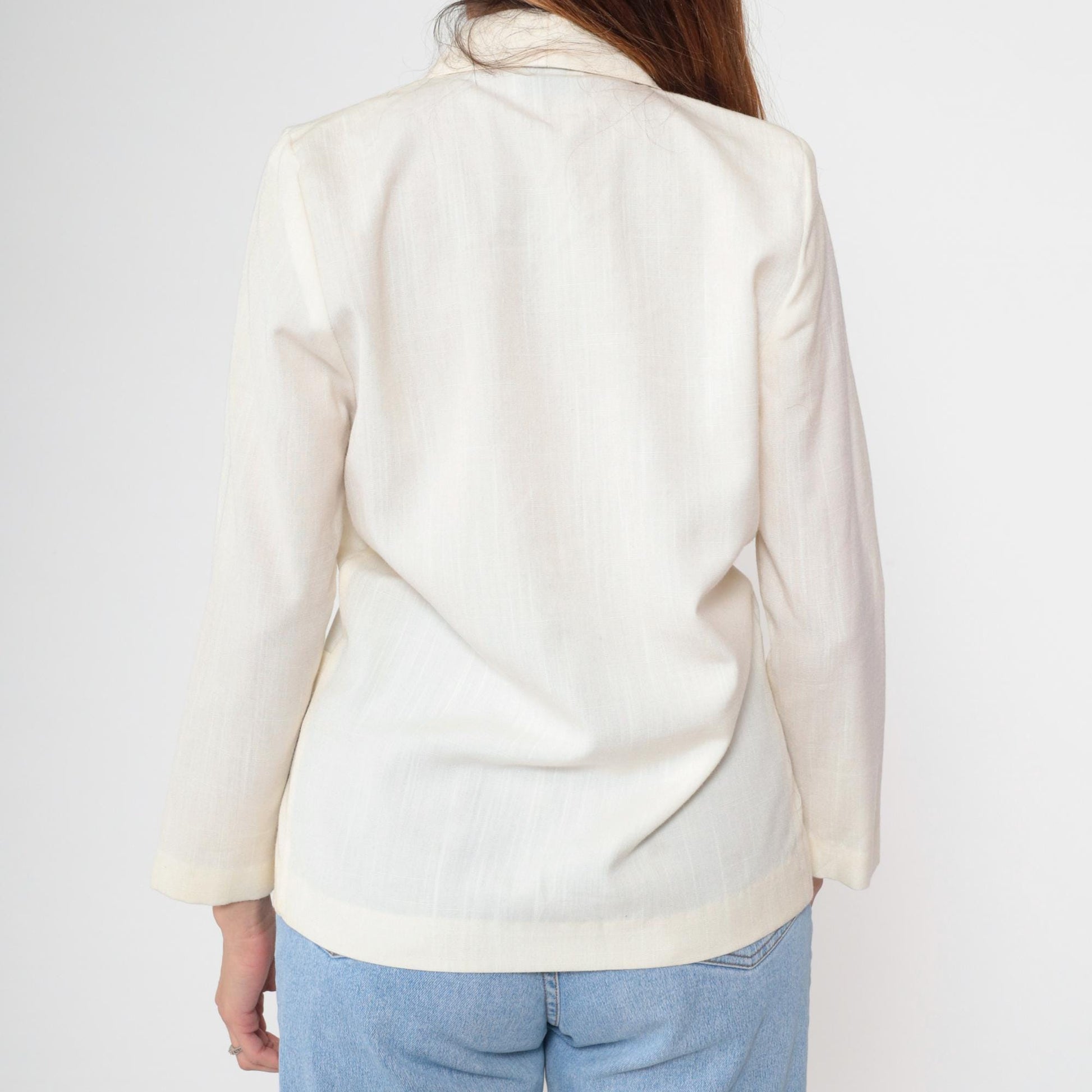80s White Single Button Blazer Deep V Neck Structured Jacket Petite XS