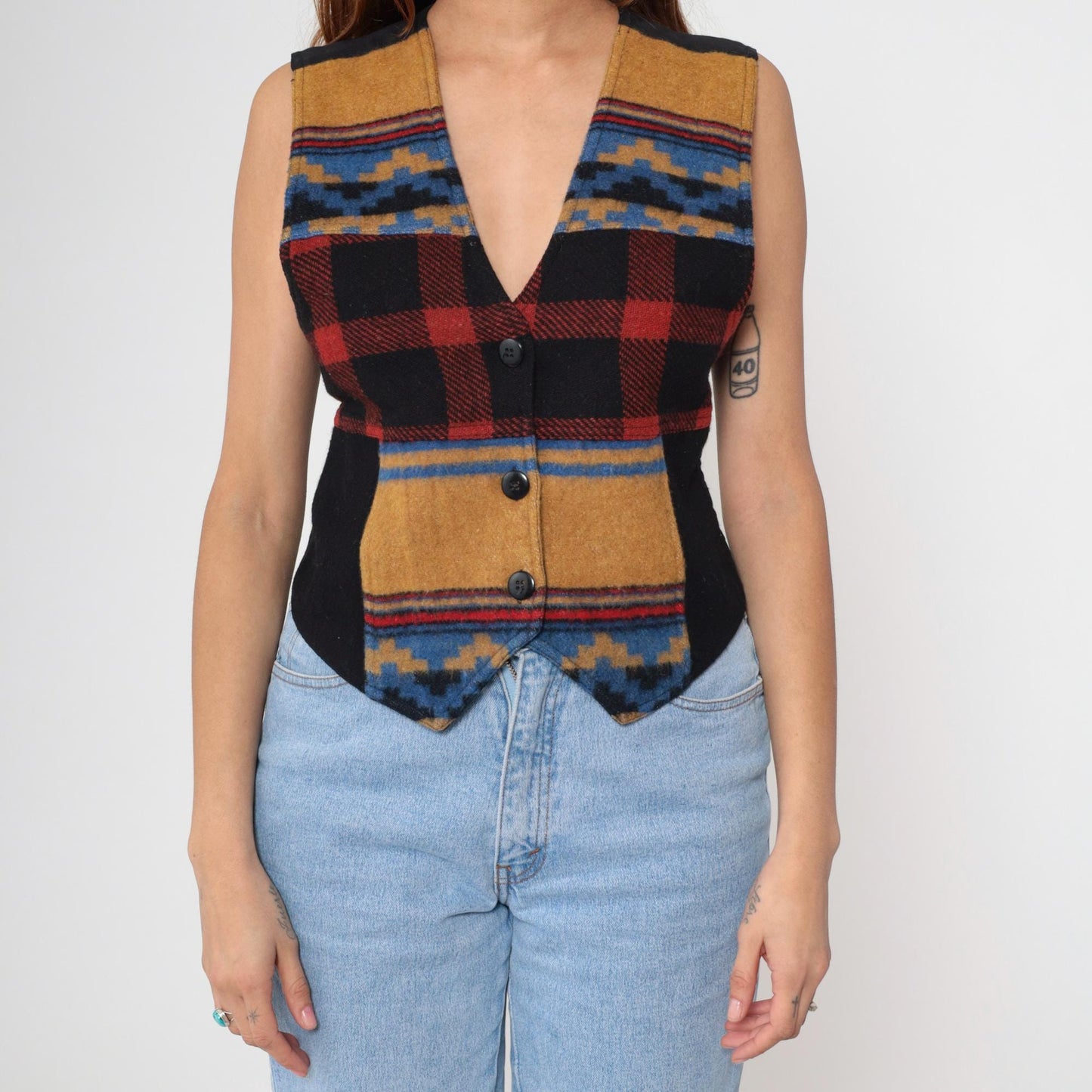 90s Southwestern Plaid Wool Vest Black Red Geometric Button V-Neck Small