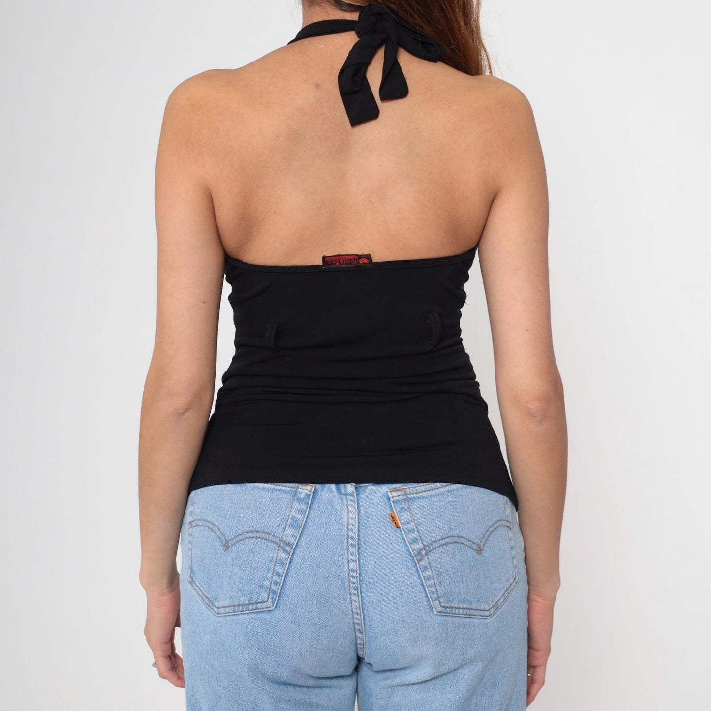 Y2K Black Halter Keyhole Sleeveless Top Empire Waist Open Back Small Medium
