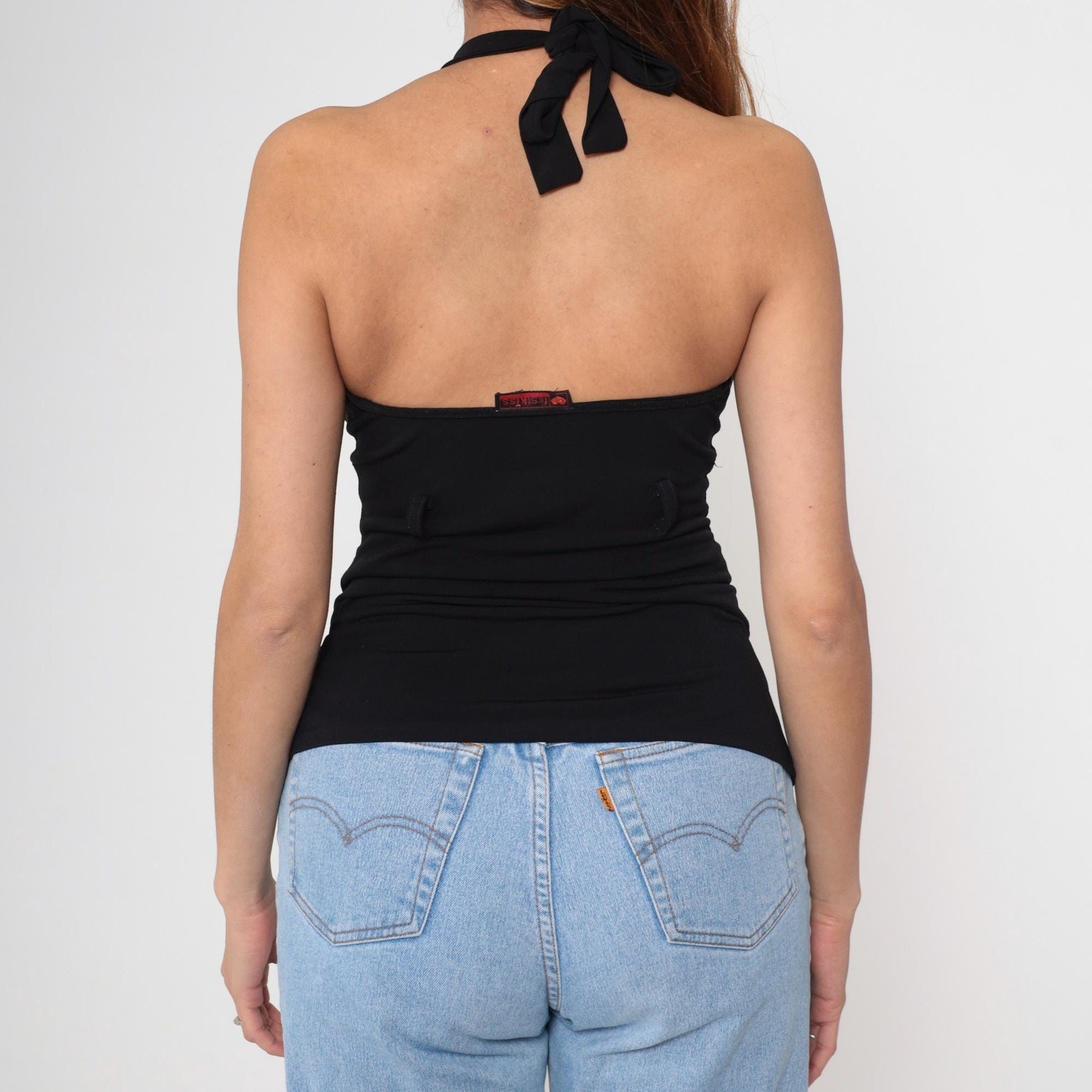 Y2K Black Halter Keyhole Sleeveless Top Empire Waist Open Back Small Medium