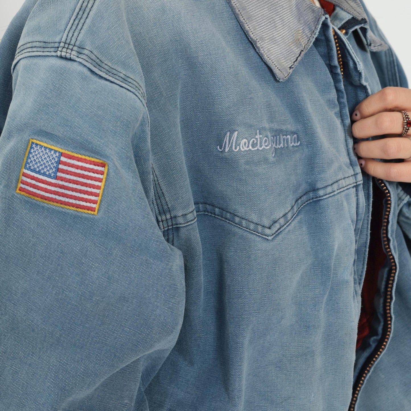 90s Carhartt Bomber Jacket Blue Duck Corduroy Collar Bluewater Services Large L