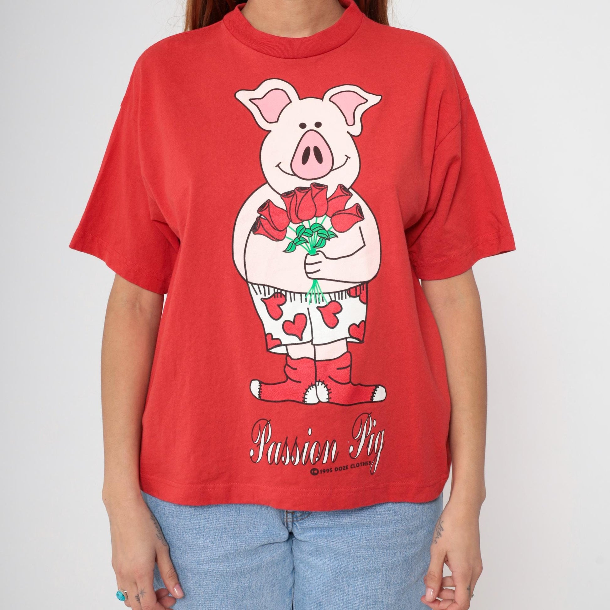 90s Doze Clothes Passion Pig Graphic T-Shirt Red Cotton Crewneck Small