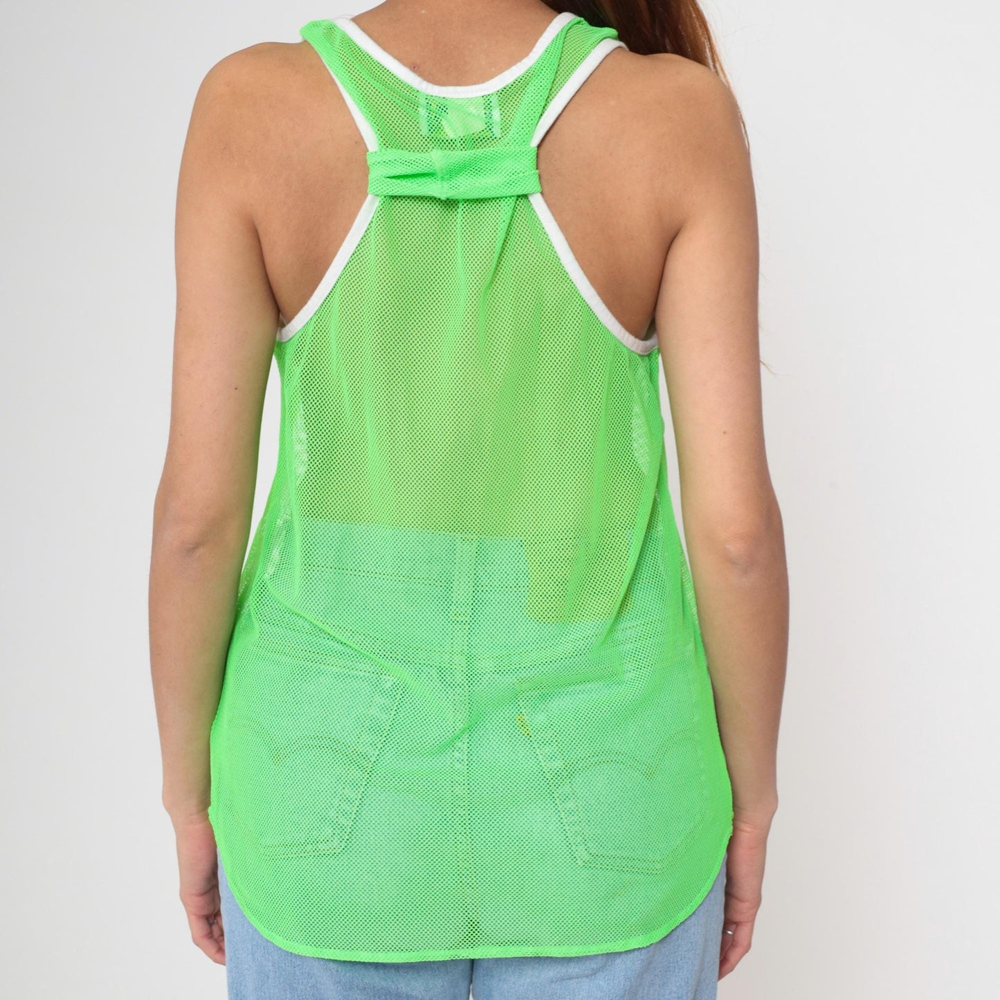 90s Neon Green Mesh Tank Top Sheer Racerback White Ringer Trim One Size