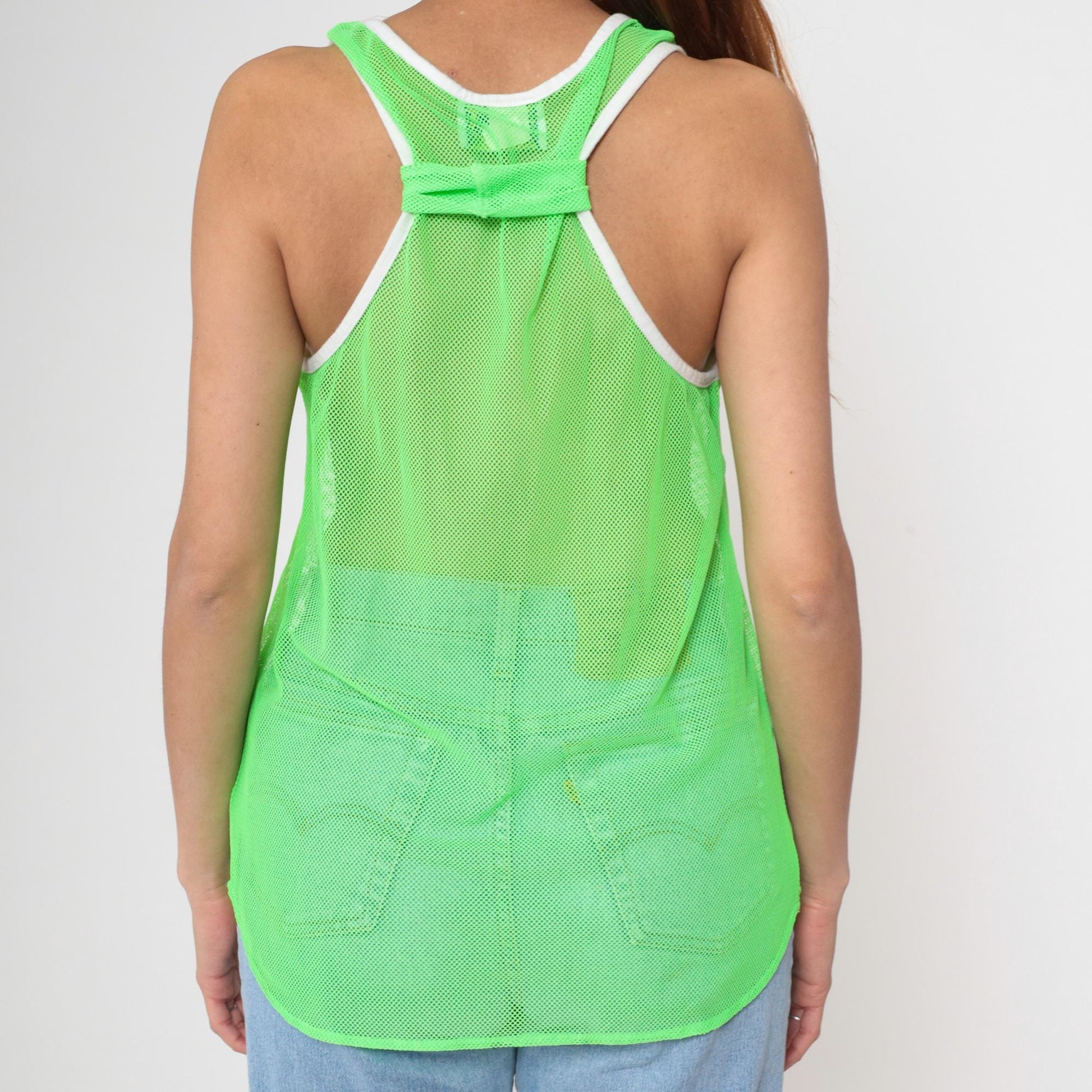 90s Neon Green Mesh Tank Top Sheer Racerback White Ringer Trim One Size
