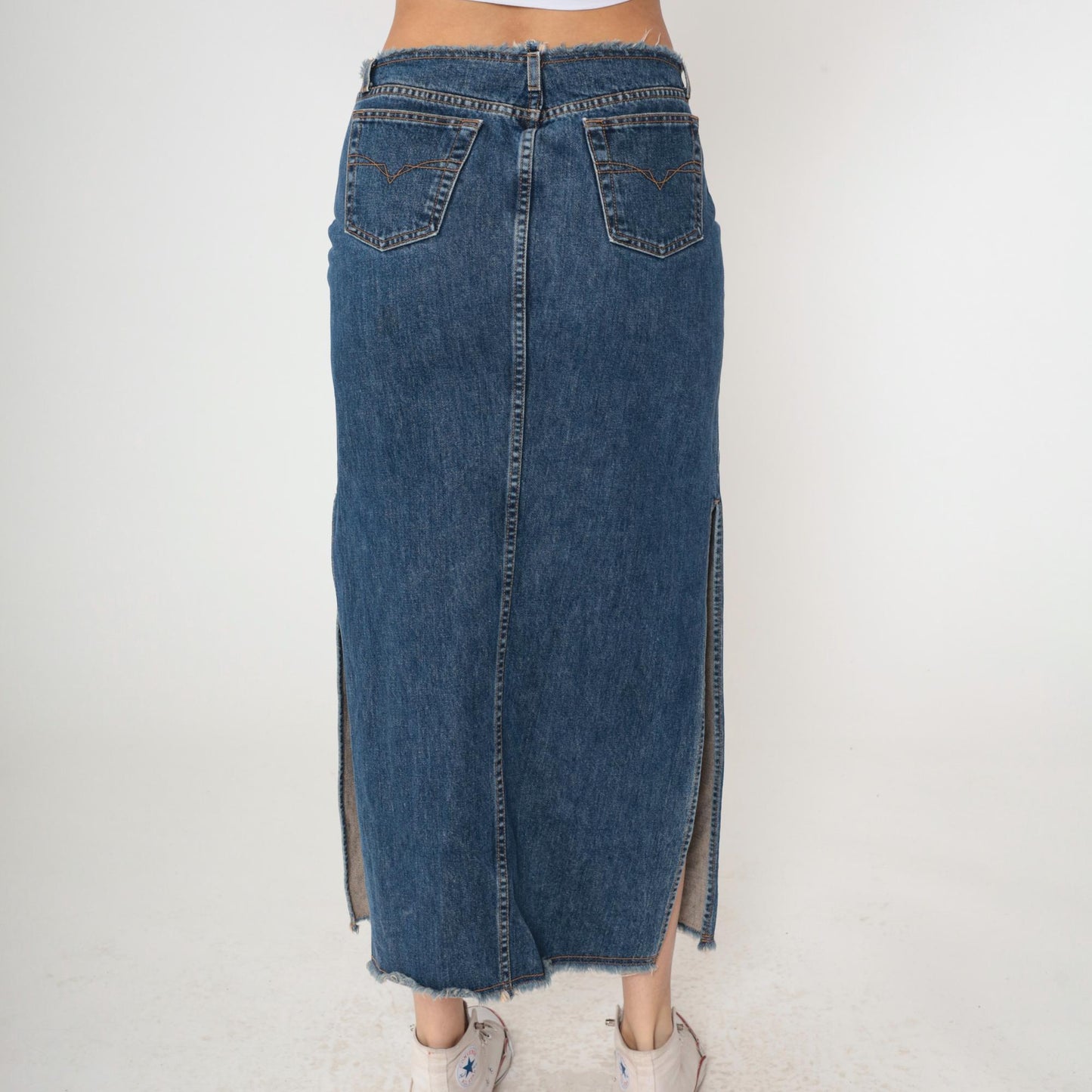 Y2K Faded Blue Denim Maxi Skirt Low Rise Side Slit Jean Skirt Small