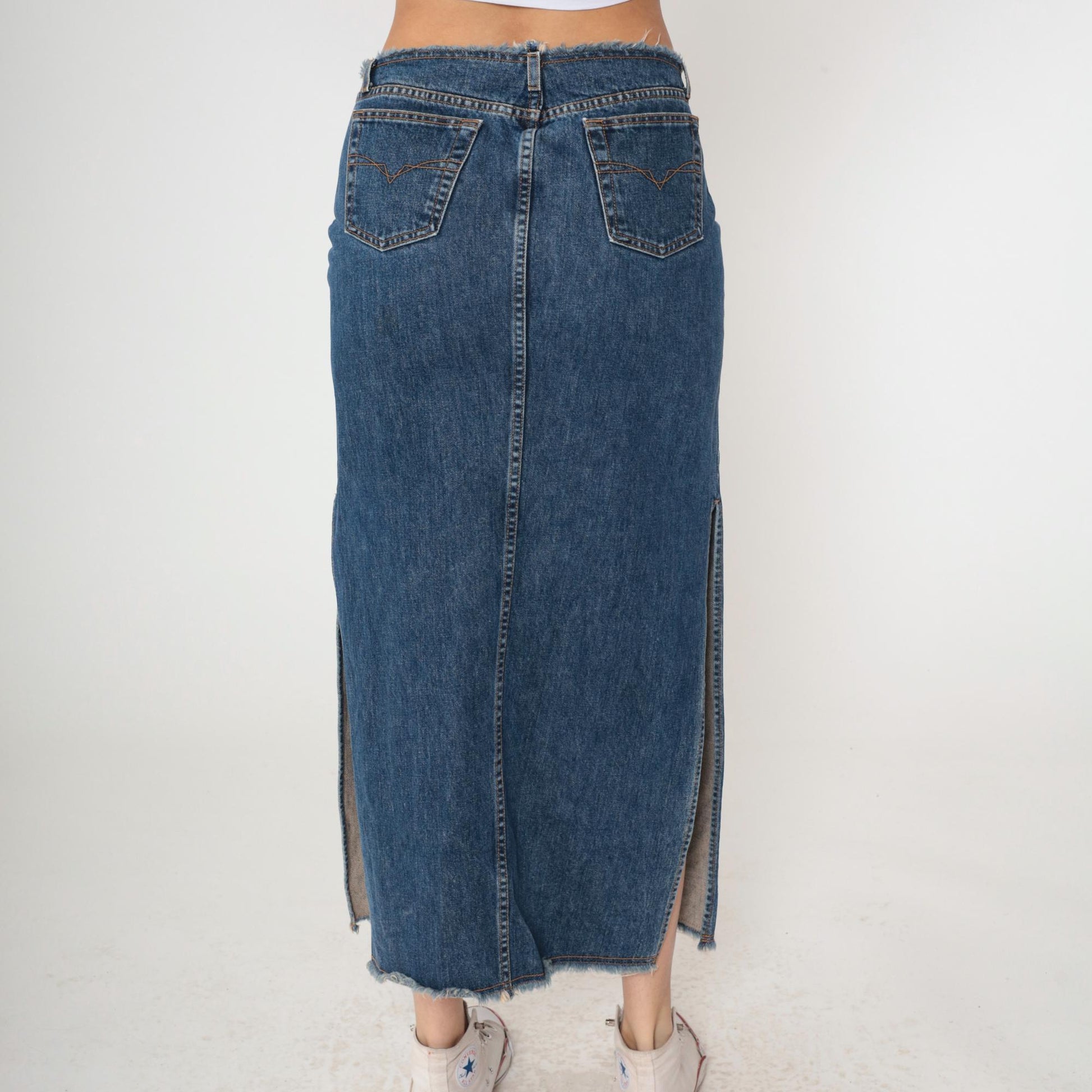 Y2K Faded Blue Denim Maxi Skirt Low Rise Side Slit Jean Skirt Small