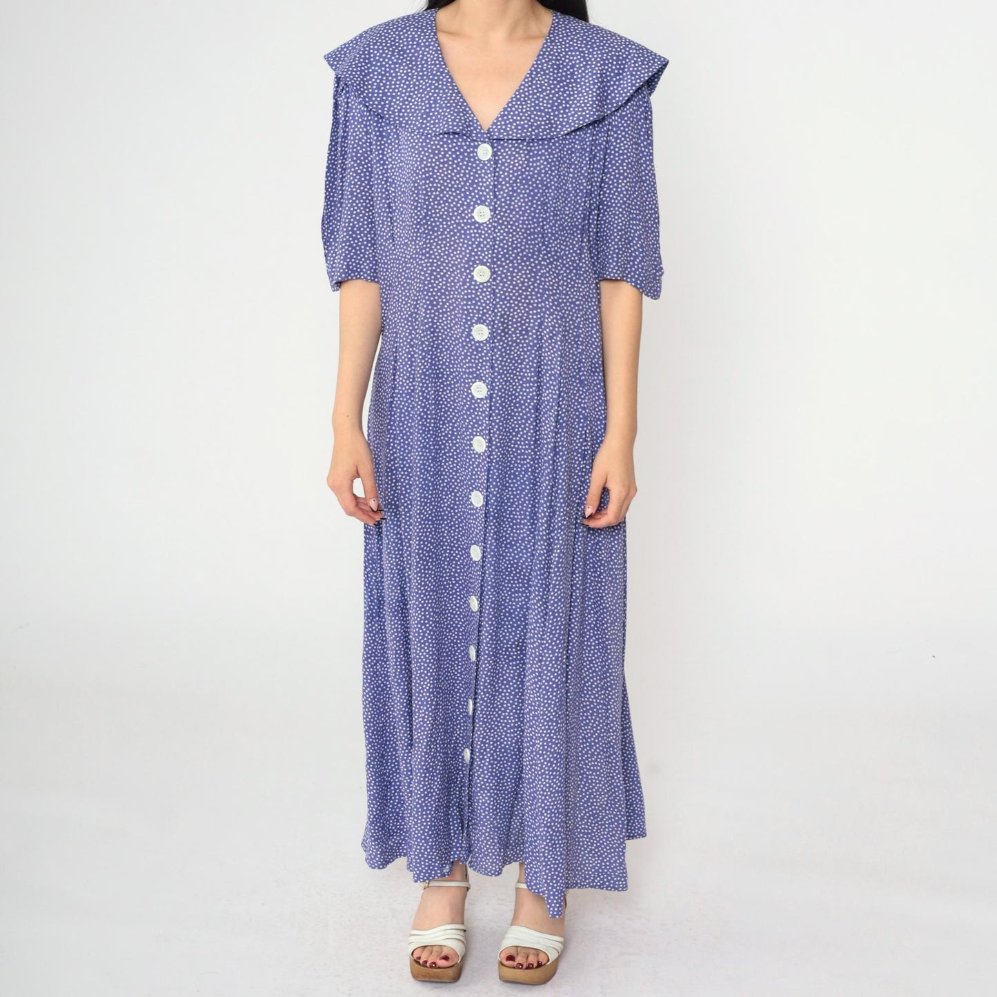 80s Purple Polka Dot Maxi Dress Sailor Collar Button-Up Rayon Large