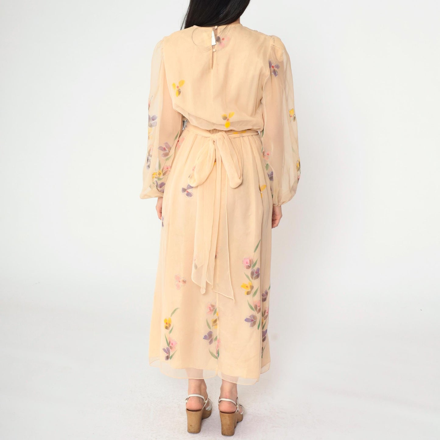 70s Peach Floral Chiffon Maxi Dress Puff Sleeve High Waist Small
