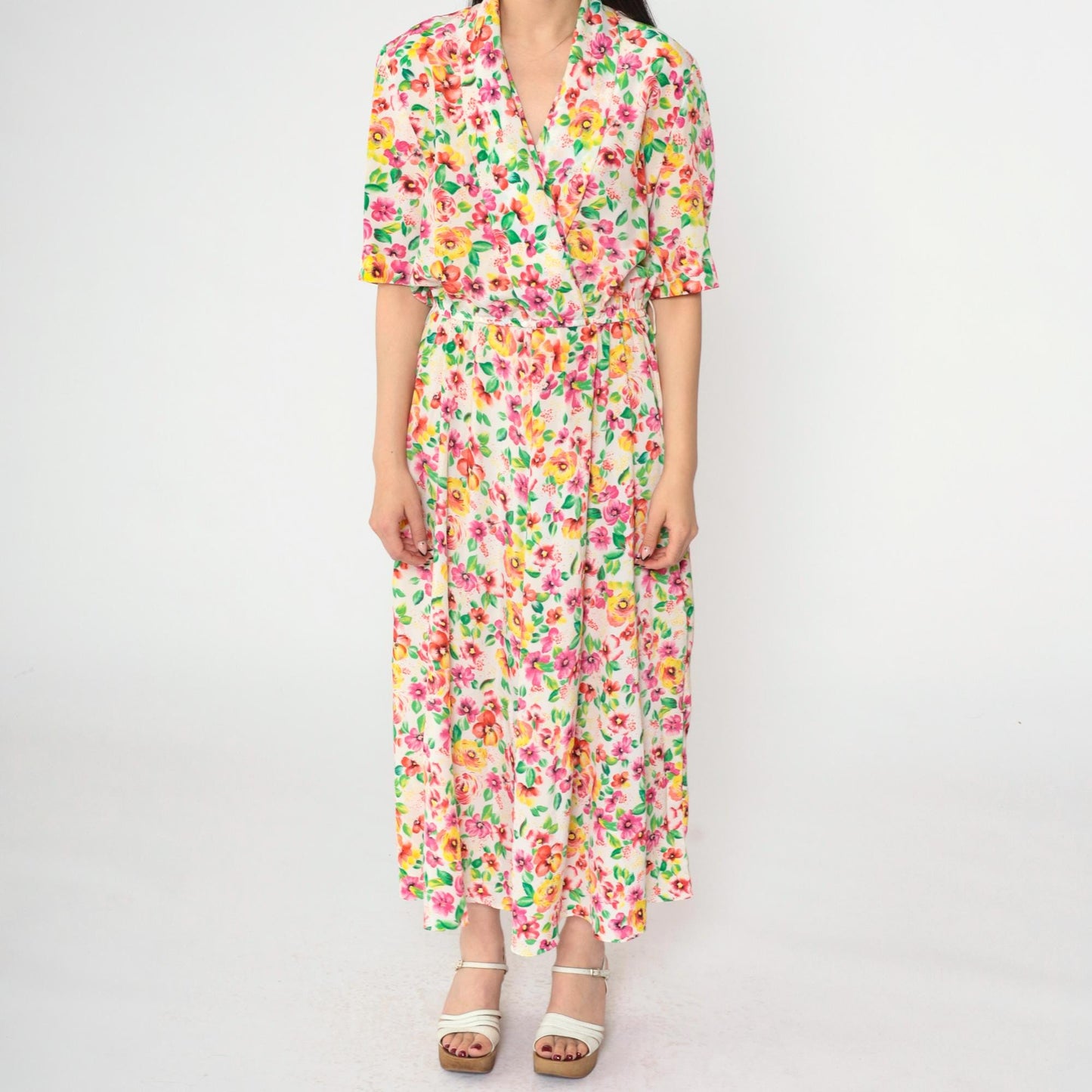 80s Liz Roberts Floral Wrap Dress Midi Pink Yellow White V-Neck Medium 8