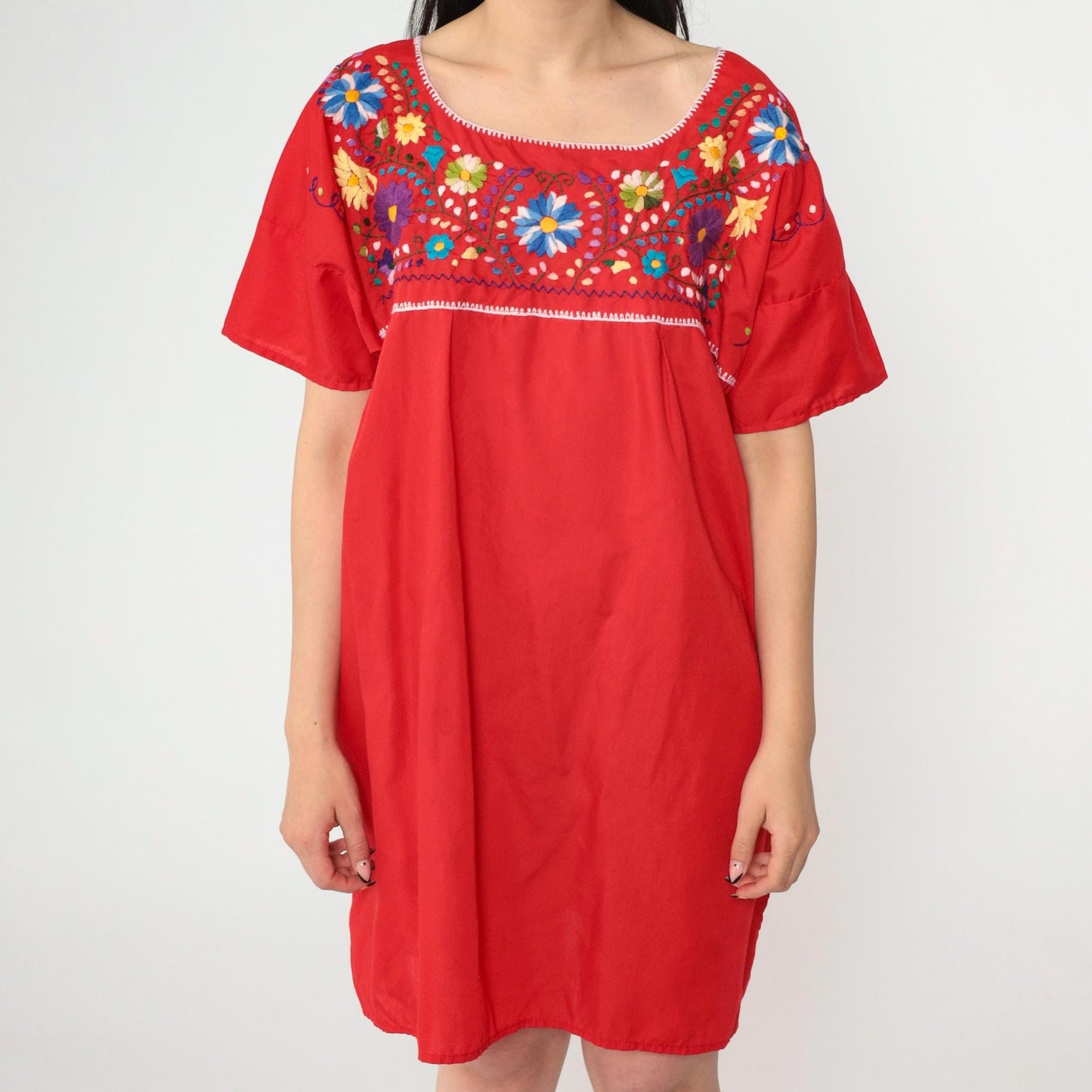 Mexican Embroidered Mini Dress Red Floral Tunic Short Sleeve XXL