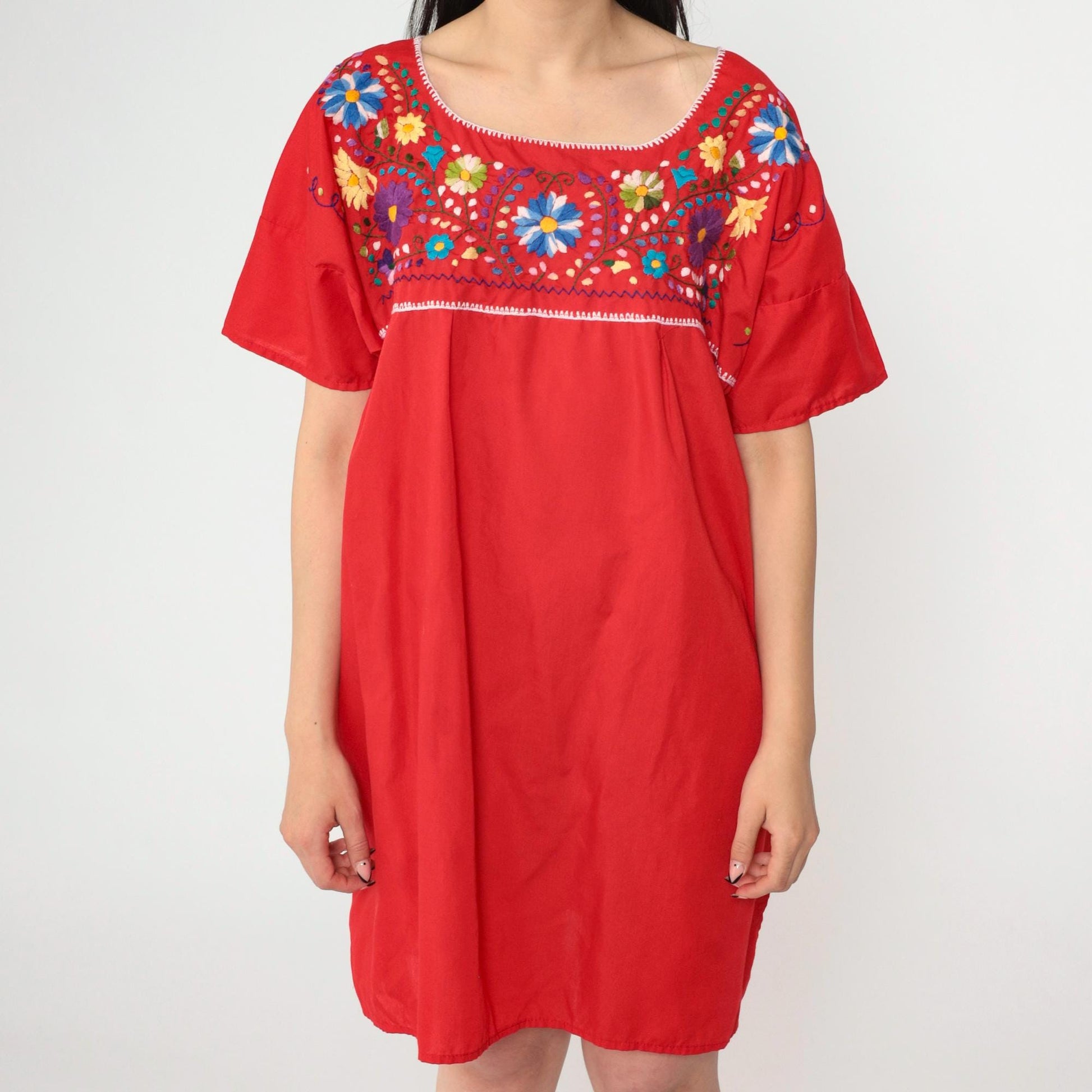Mexican Embroidered Mini Dress Red Floral Tunic Short Sleeve XXL