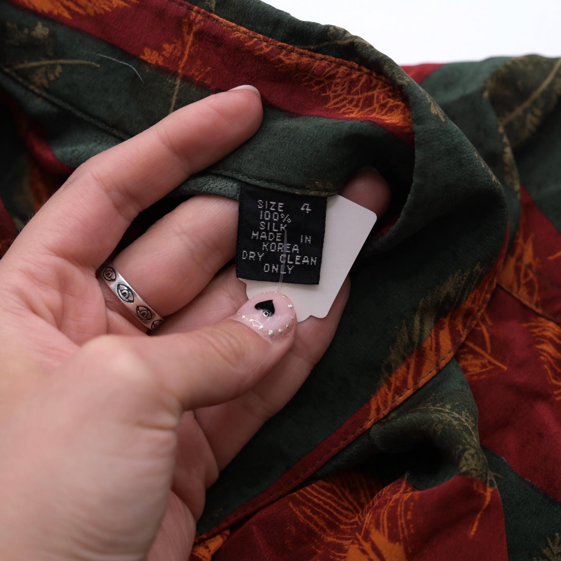 80s Silk Midi Dress Autumn Leaf Print Button-Up Blouson Long Sleeve Red Orange Green Extra Small