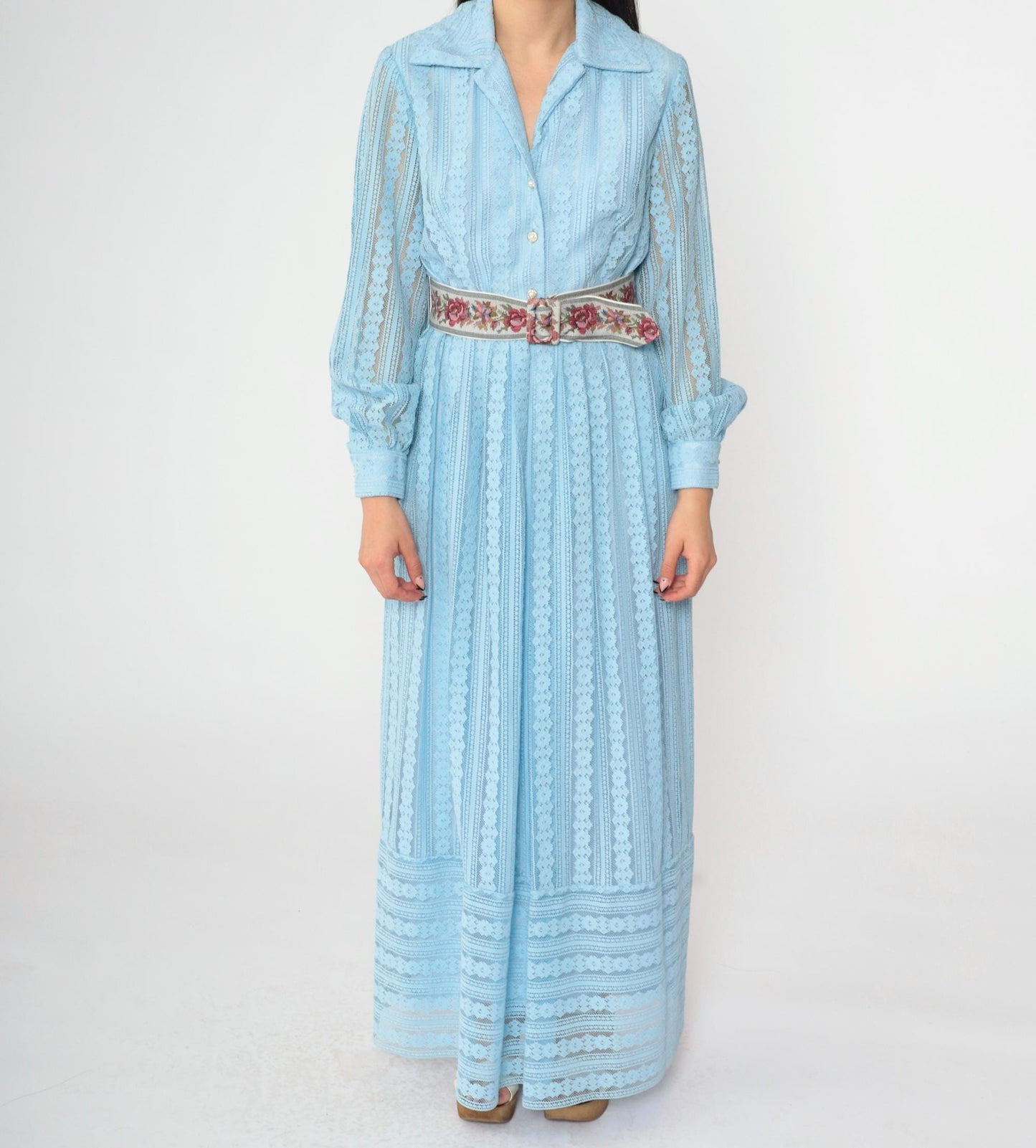 70s Baby Blue Crochet Lace Maxi Dress Pearl Buttons High Waist Small