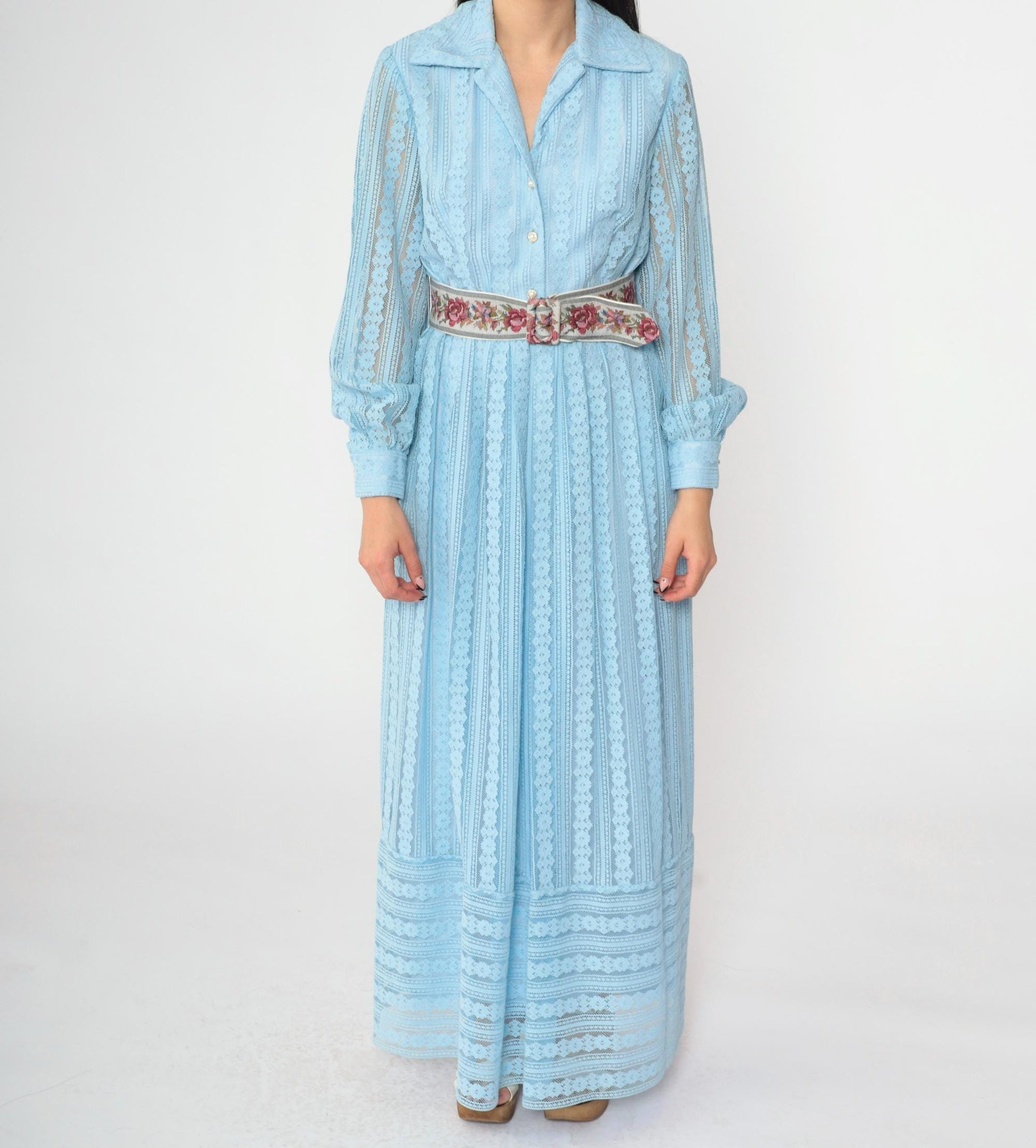 70s Baby Blue Crochet Lace Maxi Dress Pearl Buttons High Waist Small