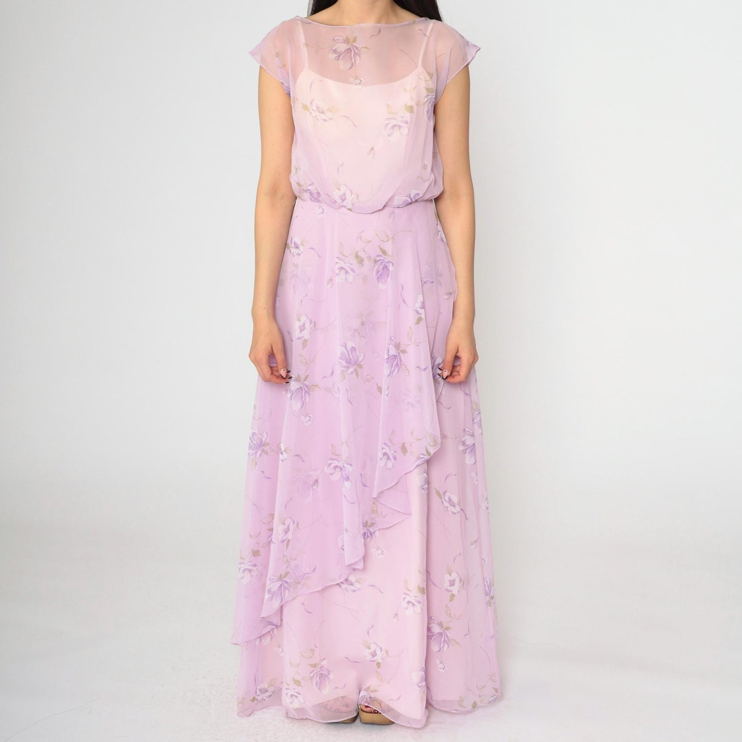 70s Lavender Floral Chiffon Maxi Dress High Waist Asymmetrical Small