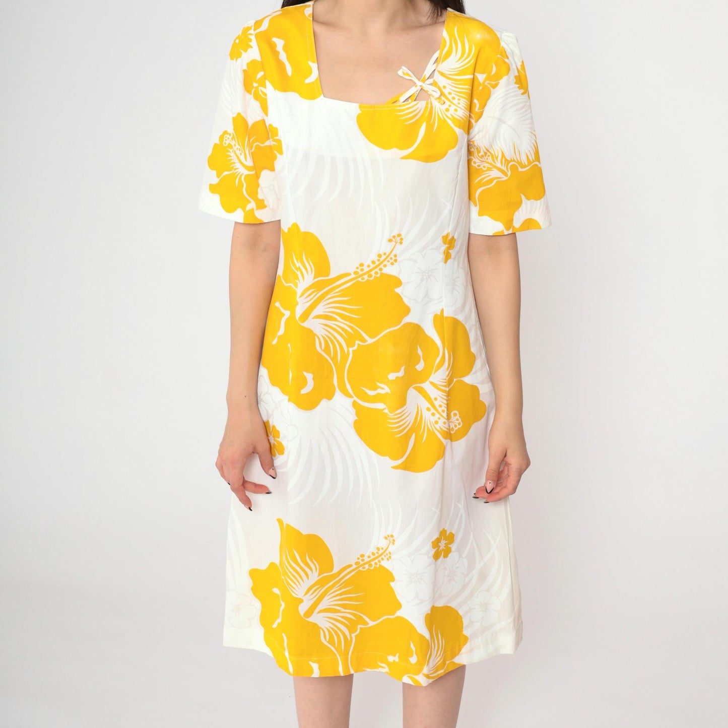 80s Hawaiian Floral Mini Dress White Yellow Tropical Puff Sleeve Small