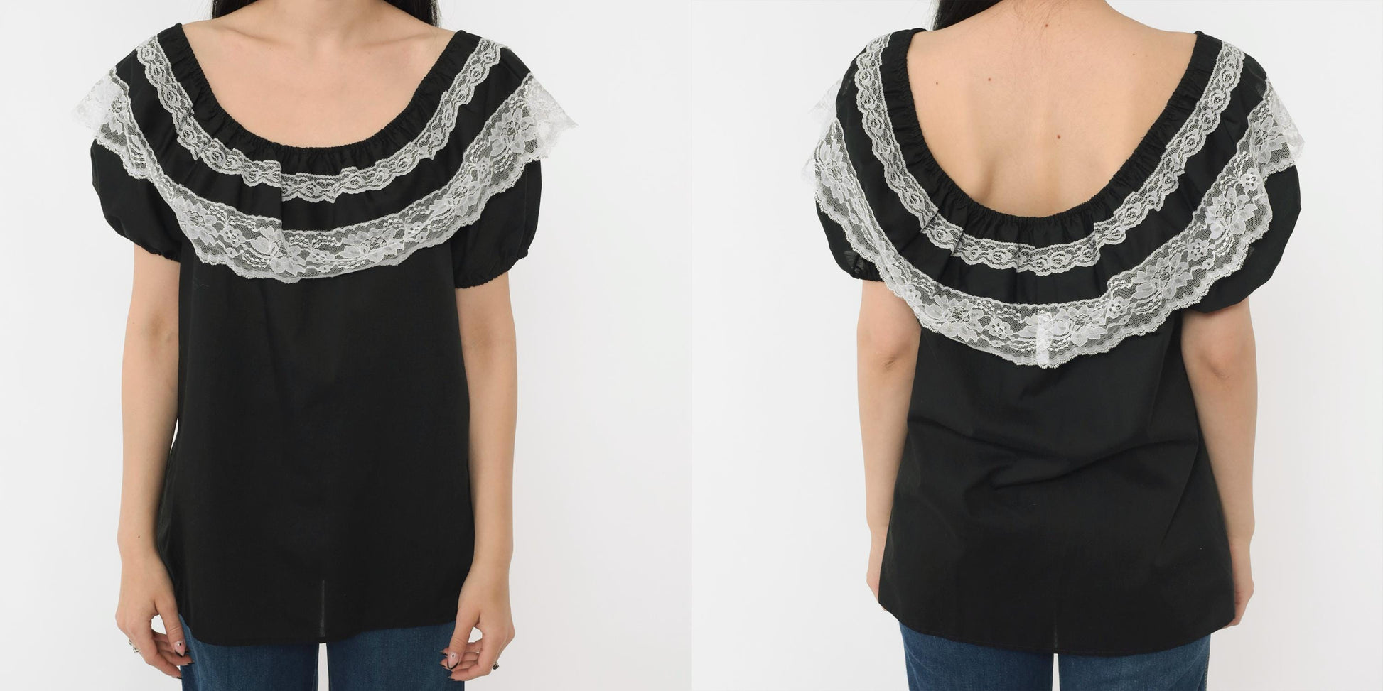 90s Black Peasant Blouse White Lace Trim Off-Shoulder Medium