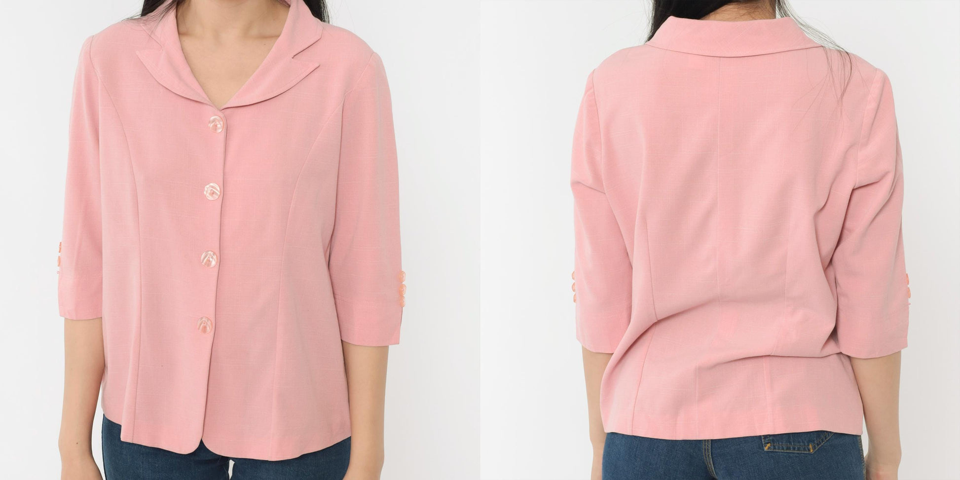 90s Pink Button-Down Blouse 3/4 Sleeve Notched Collar Princess Seams Medium Large