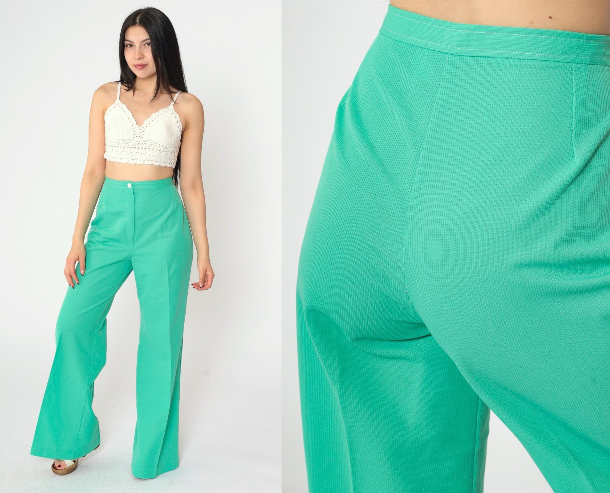 70s Green Polyester High-Waist Wide-Leg Flared Trousers Small