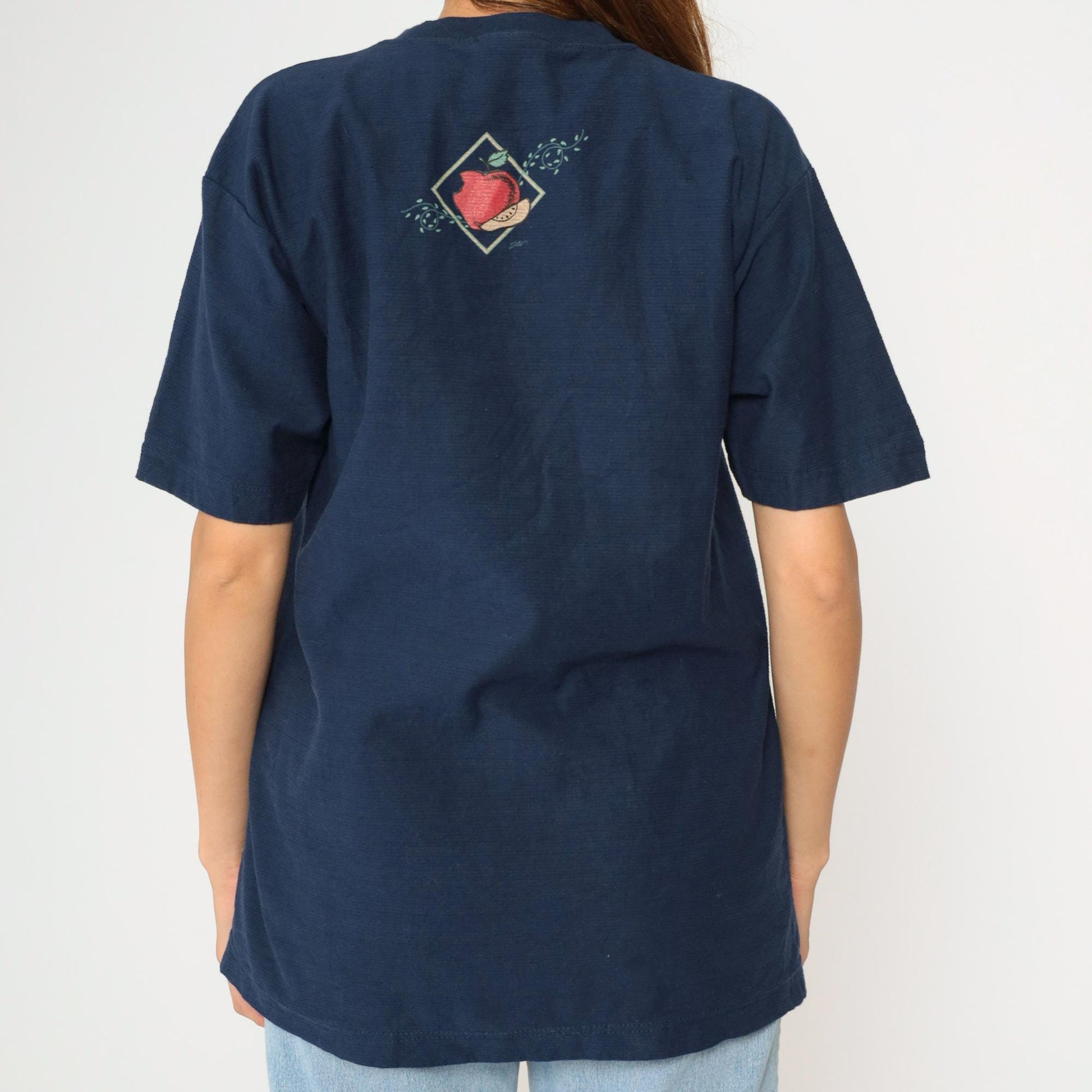 90s Apple Graphic T-Shirt Navy Blue Crewneck Cotton Medium