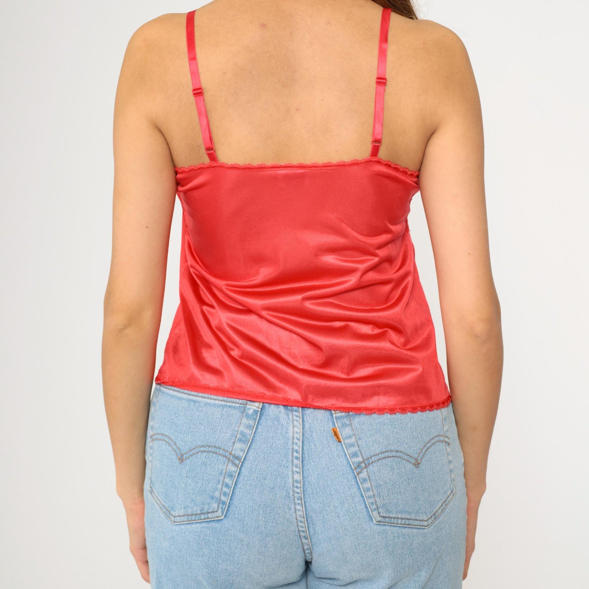 80s Red Satin Camisole Lace Trim Sweetheart Neckline Small S