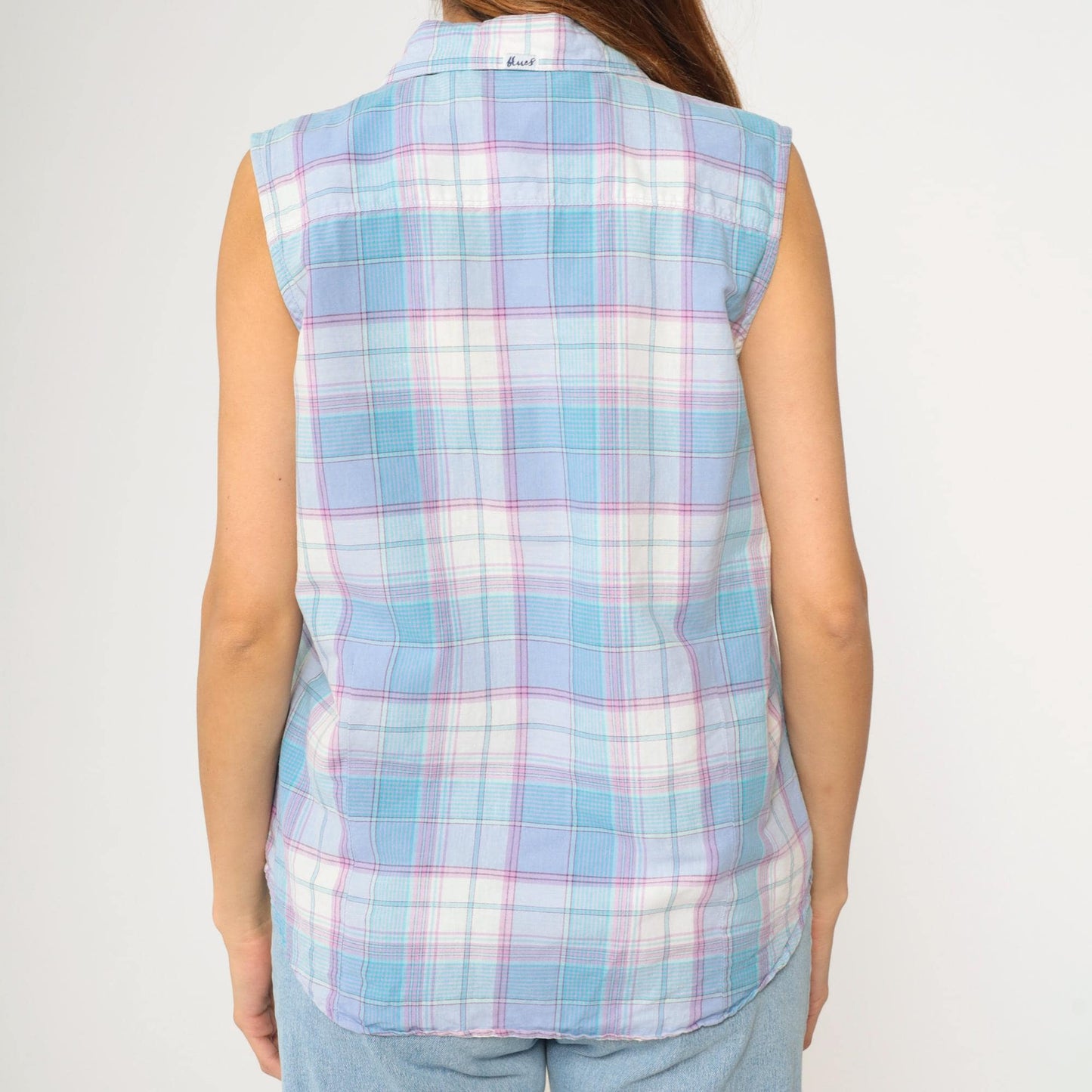 90s Wrangler Blues Plaid Sleeveless Blouse Button-Up Tank Blue White Purple Large L