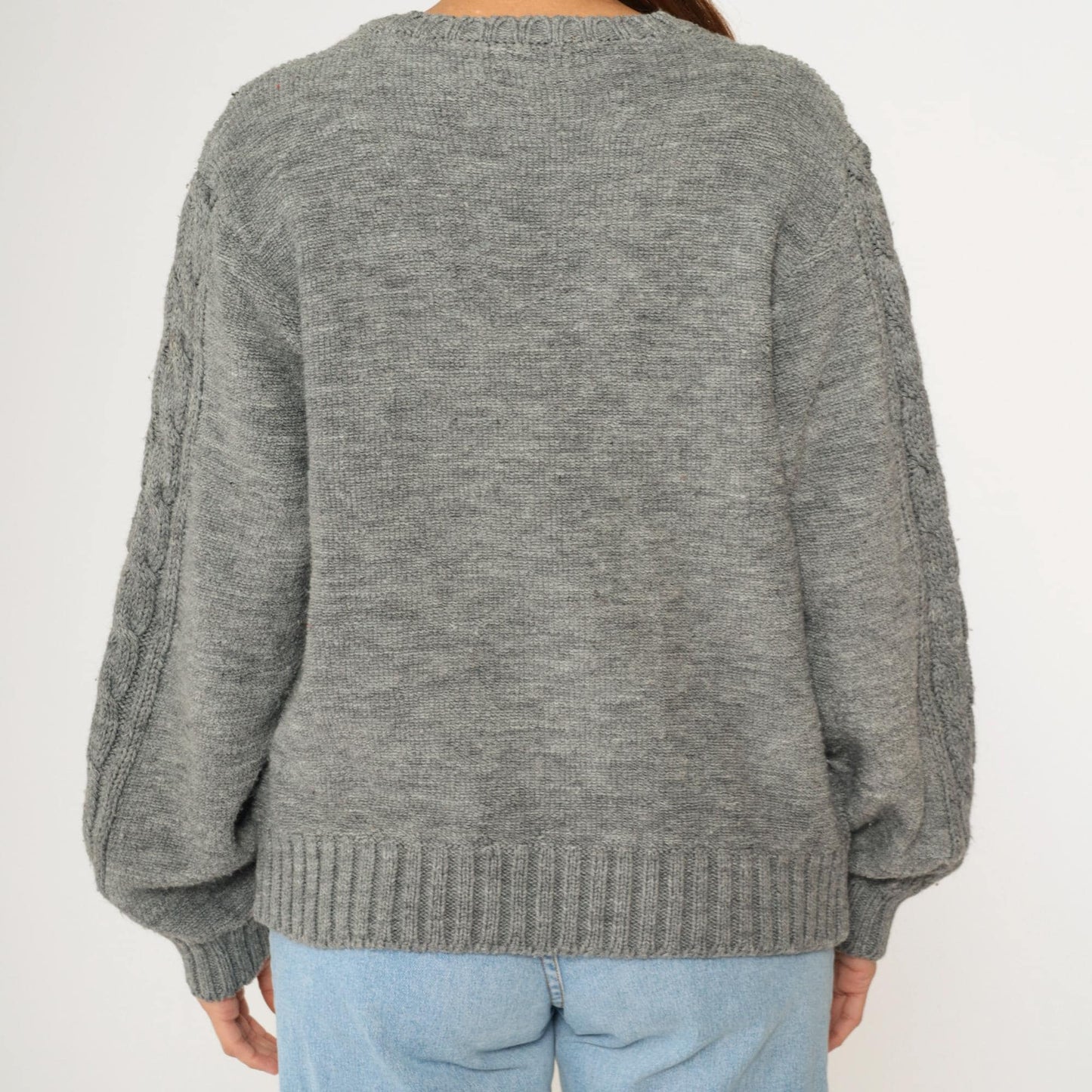 80s Campus Cable Knit V-Neck Sweater Grey Acrylic Pullover Medium M