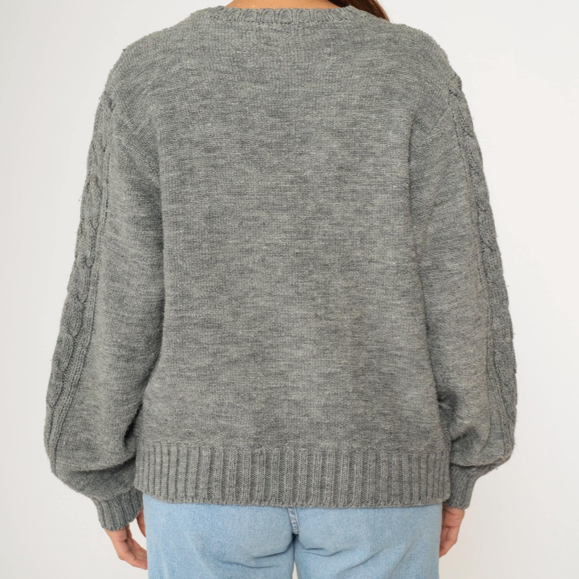 80s Campus Cable Knit V-Neck Sweater Grey Acrylic Pullover Medium M