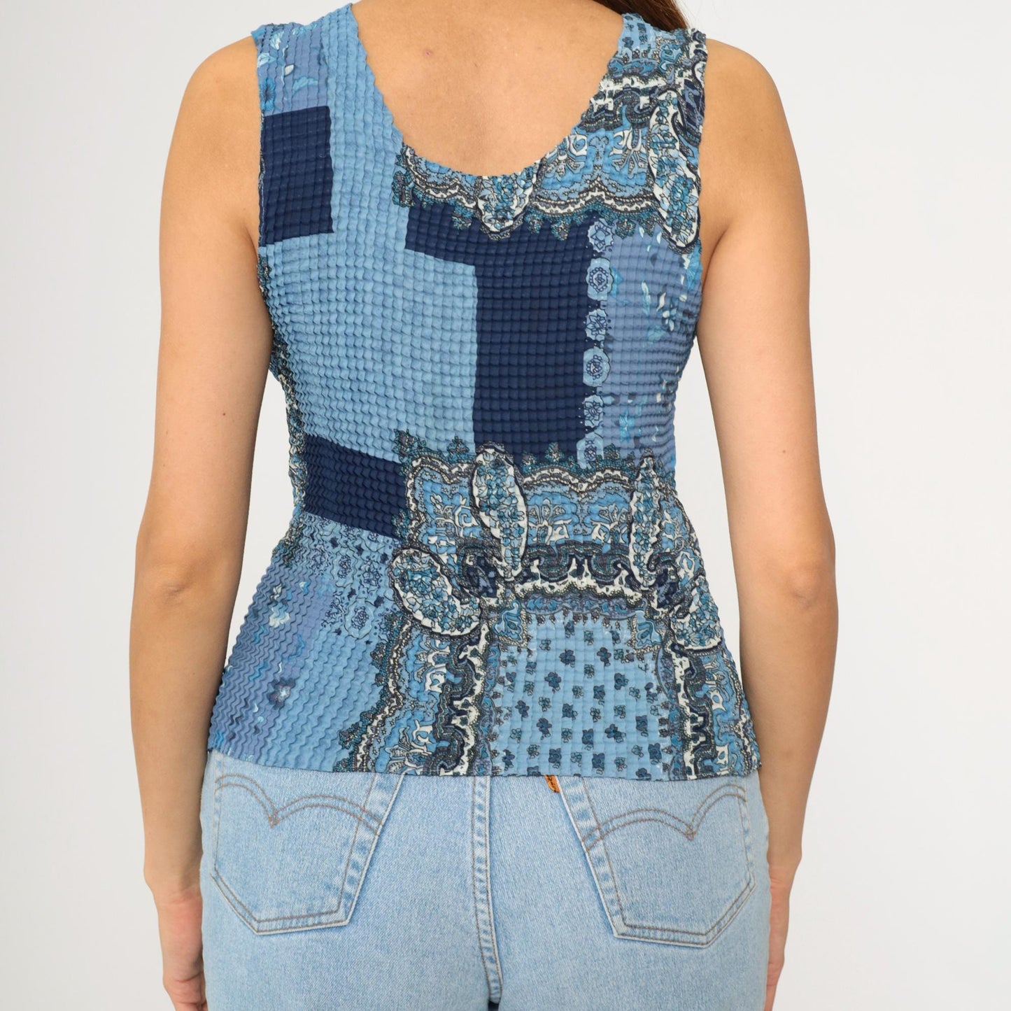 Y2K Paisley Patchwork Tank Top Blue Crinkle Textured Scoop Neck Large L