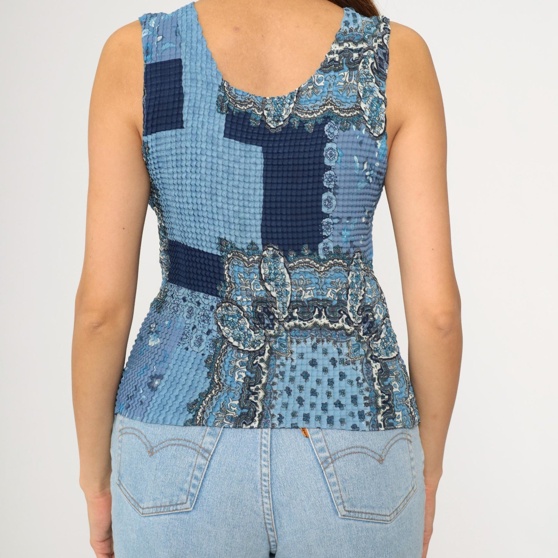 Y2K Paisley Patchwork Tank Top Blue Crinkle Textured Scoop Neck Large L