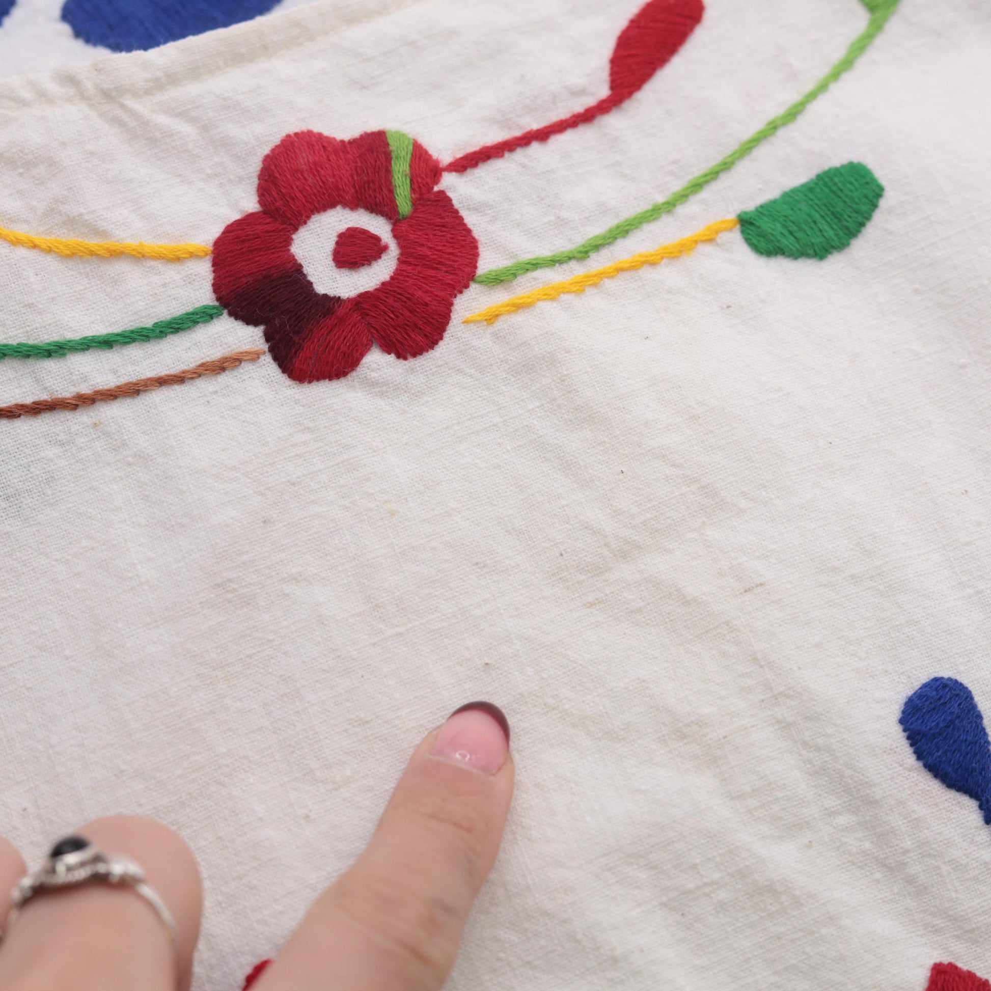 90s Mexican Embroidered Peacock Floral Mini Dress White Cotton Tunic Medium M