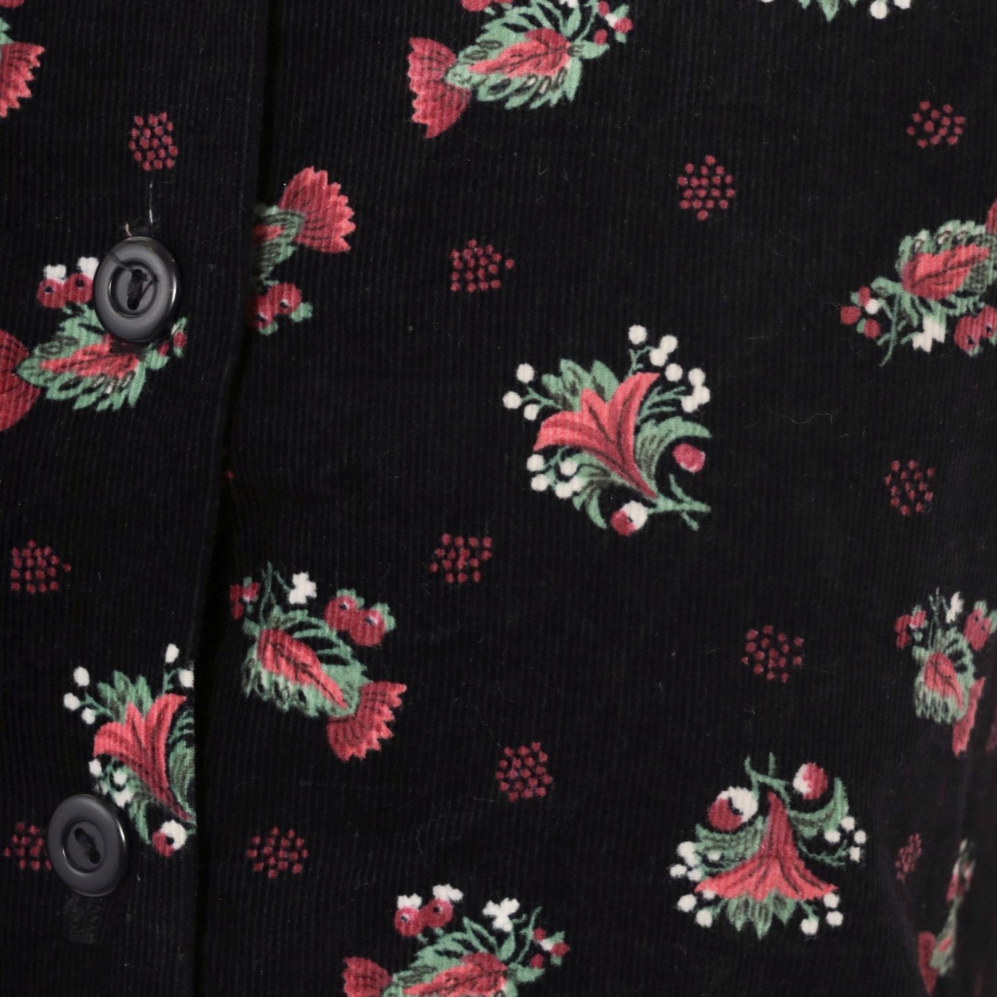 90s Black Corduroy Floral Button-Up Pinafore Midi Dress Extra Small