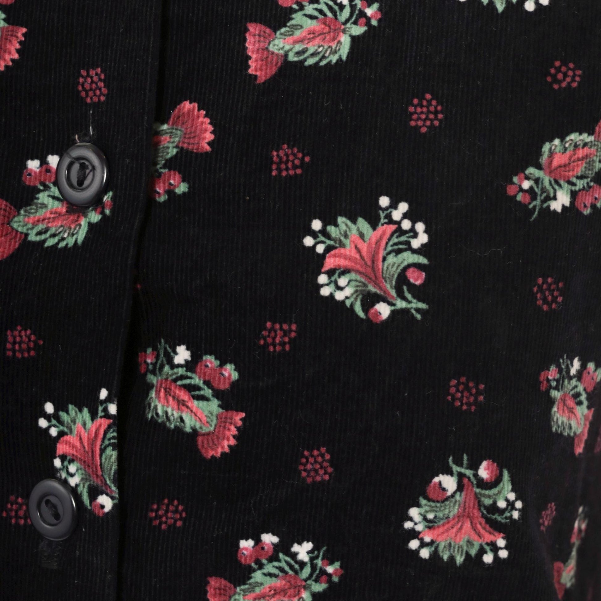 90s Black Corduroy Floral Button-Up Pinafore Midi Dress Extra Small