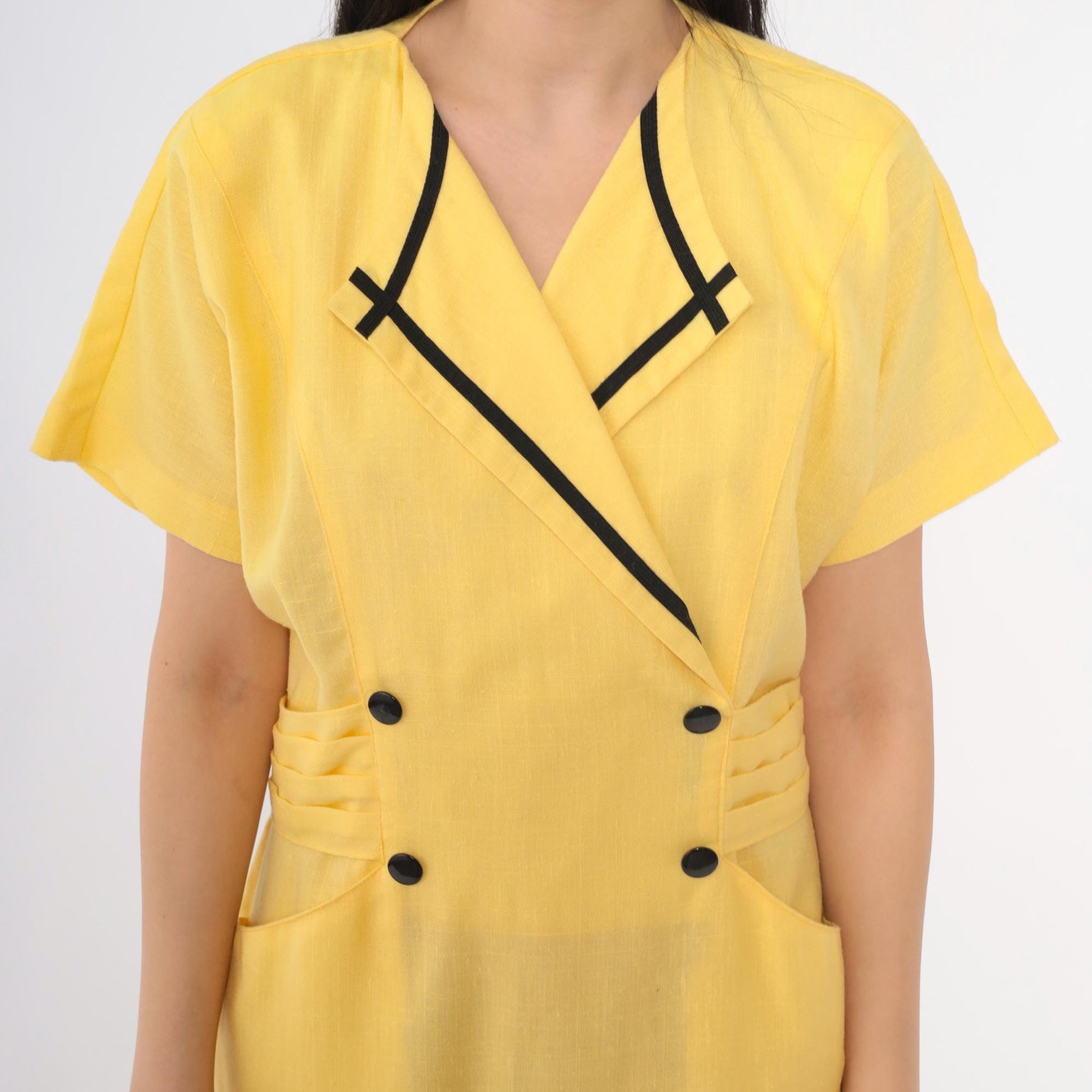 80s Damon Petite Yellow Midi Dress Double Breasted Button Front Black Trim Medium