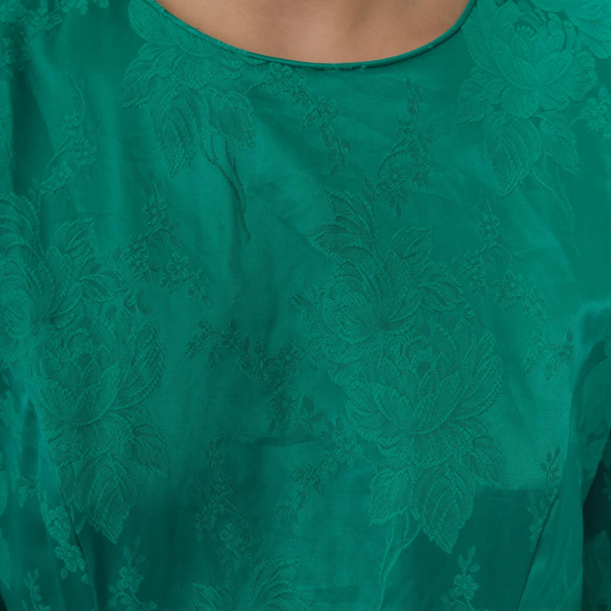 80s Lanz Originals Emerald Jacquard Midi Dress Puff Sleeve Bow Cuff Medium M
